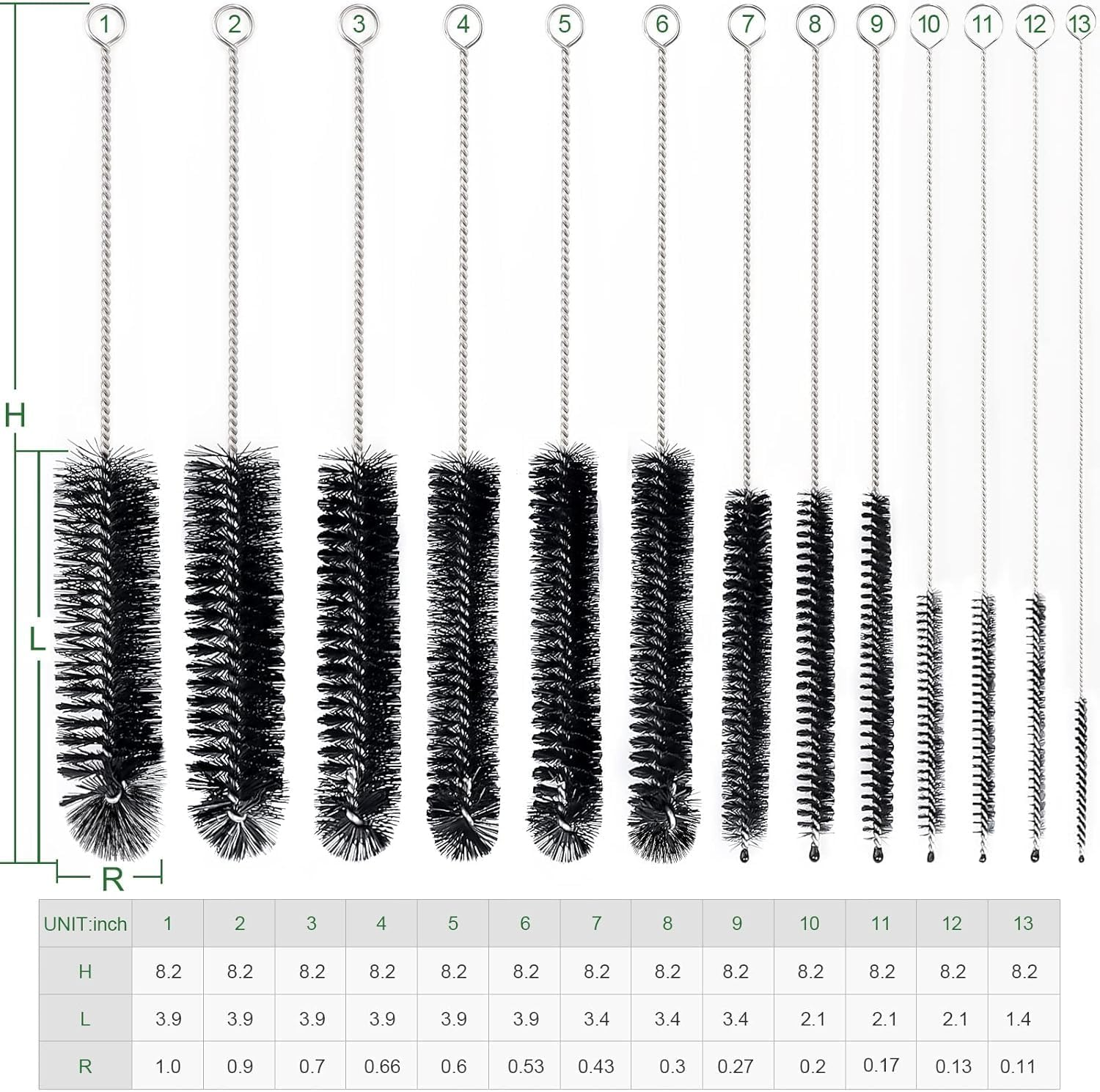 13 Piece Stainless Steel Flexible Cleaning Brush Set (8.2Inch), Durable Scrubbing Brushes for Straws, Bottles, Tubes, Pipes and Drains, Multi Size Cleaning Kit (0.11-1Inch), Duty and Reusable image number 4