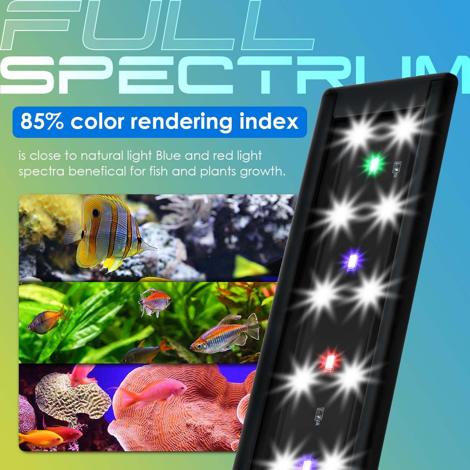 Aquarium Light,Full Spectrum Aquarium Light with Expandable Bracket,White Blue Red Green Leds, Adjustable Timer and Brightness for 18~24IN Fish Tank image number 3