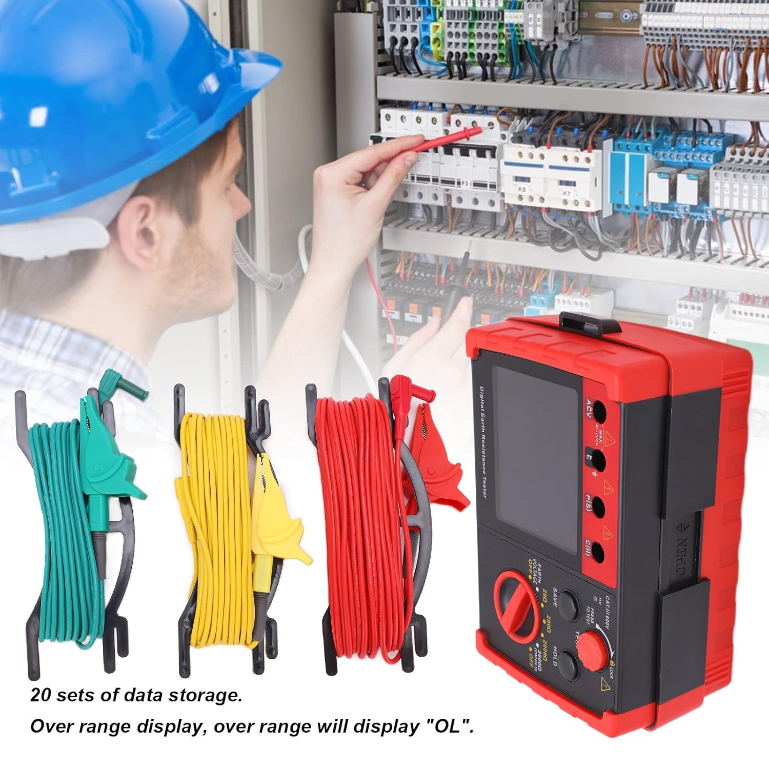 Earth Ground Resistance Tester Meter, 2000&Omega; Digital Ground Earth Resistance Meter with LCD Display & Storage Case, Professional Insulation Resistance Tester Kit for Electrical Equipment image number 3