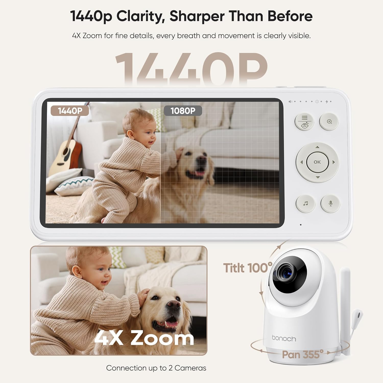 Bonoch 5.5" 1440P Baby Monitor 2 Cameras, Dual Video Monitor with Split Screen, Smart No Wifi Baby Monitor Camera, Detect Sleep Turnover/Cry/Motion, 240H Long-Lasting, Hack Proof, White Noise, Gifts image number 6