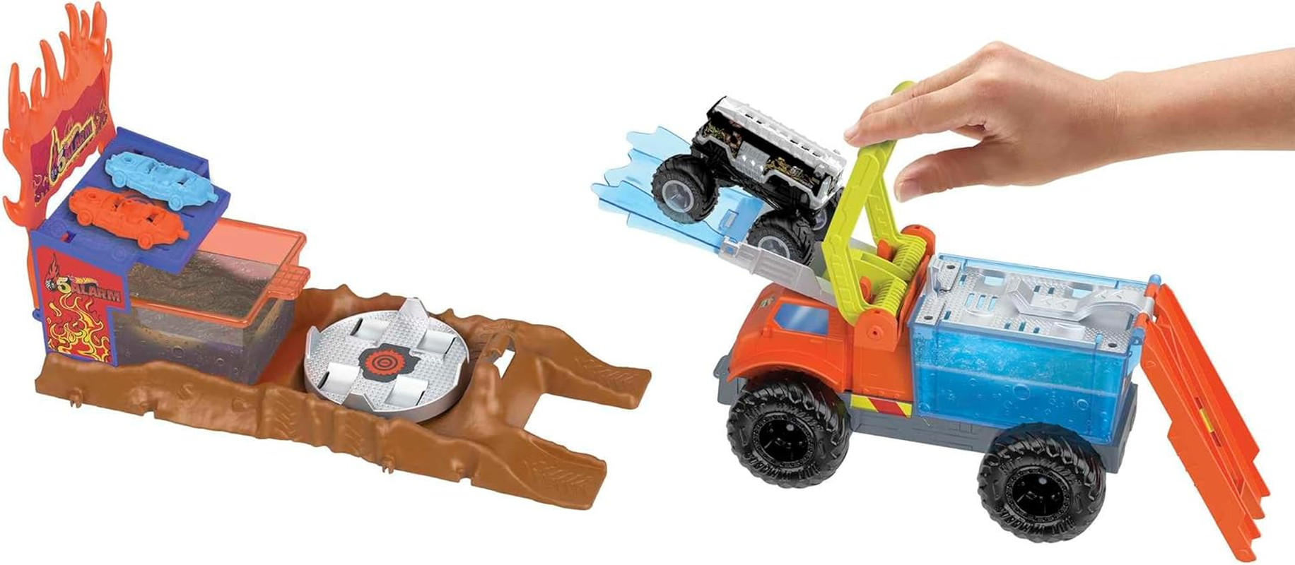 Hot Wheels Monster Trucks Arena Smashers Color Shifters 5-Alarm Rescue with 1 Color Shifter Monster Truck, 2 Crushable Cars and 1 Detachable Semi Rig image number 3