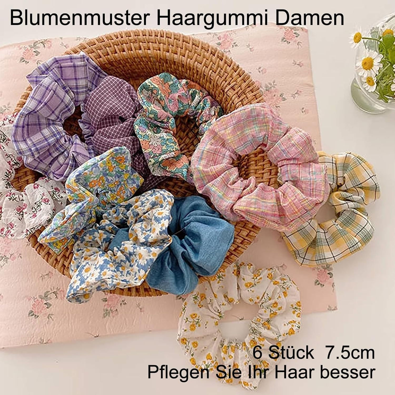 6 Styles Scrunchies, Floral Pattern Hair Scrunchies, Women, Elastic Hair Bobbles, Ponytail Hair Accessories for Girls, Women, Vintage Floral Hair Bobbles (Pink 1) image number 3