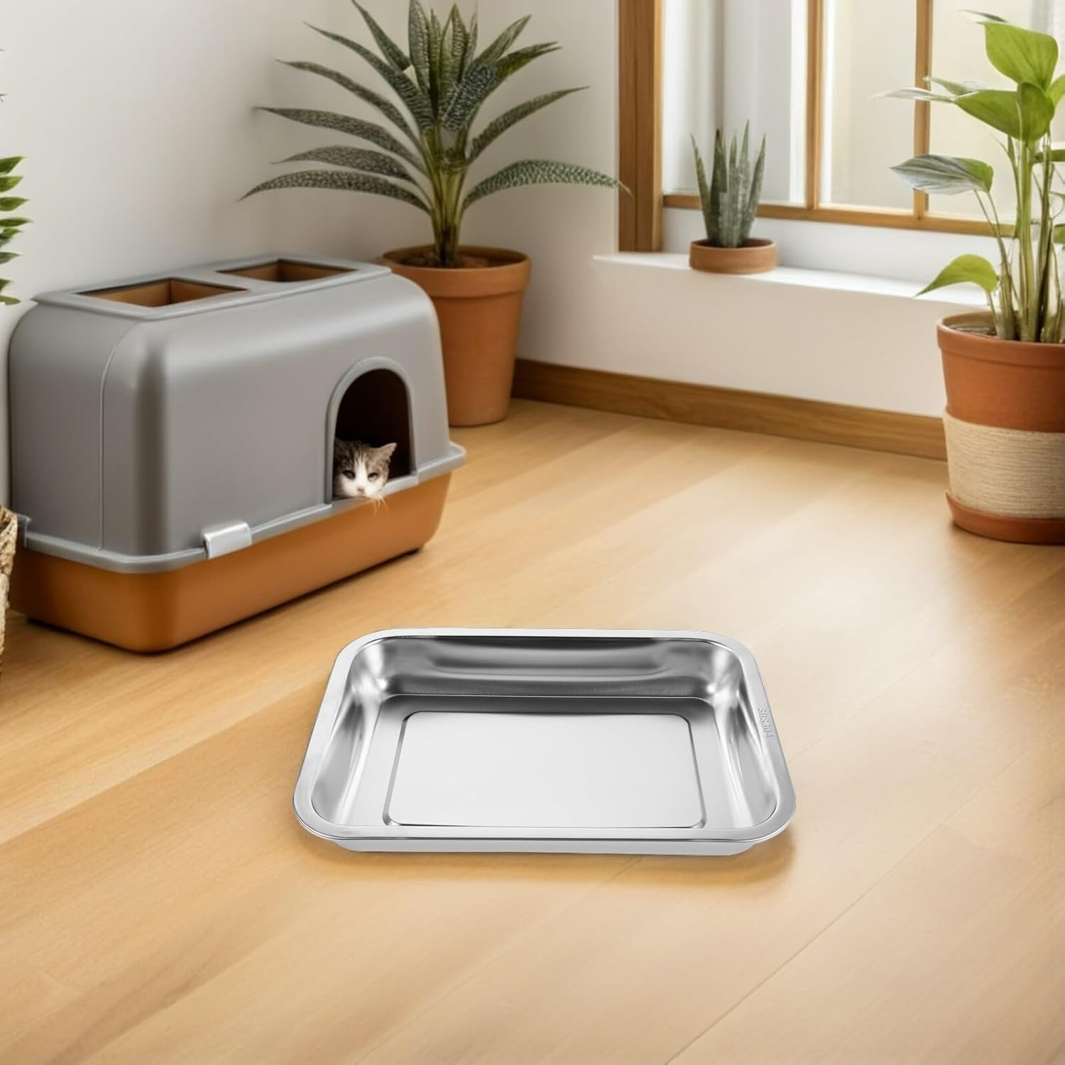 Kisangel 2Pcs 304 Stainless Steel Cat Litter Box, Deep Open Metal Indoor Litter Tray for Kittens, High-Sided Reusable Cat Pan Suitable for Pet Toilet Use image number 3
