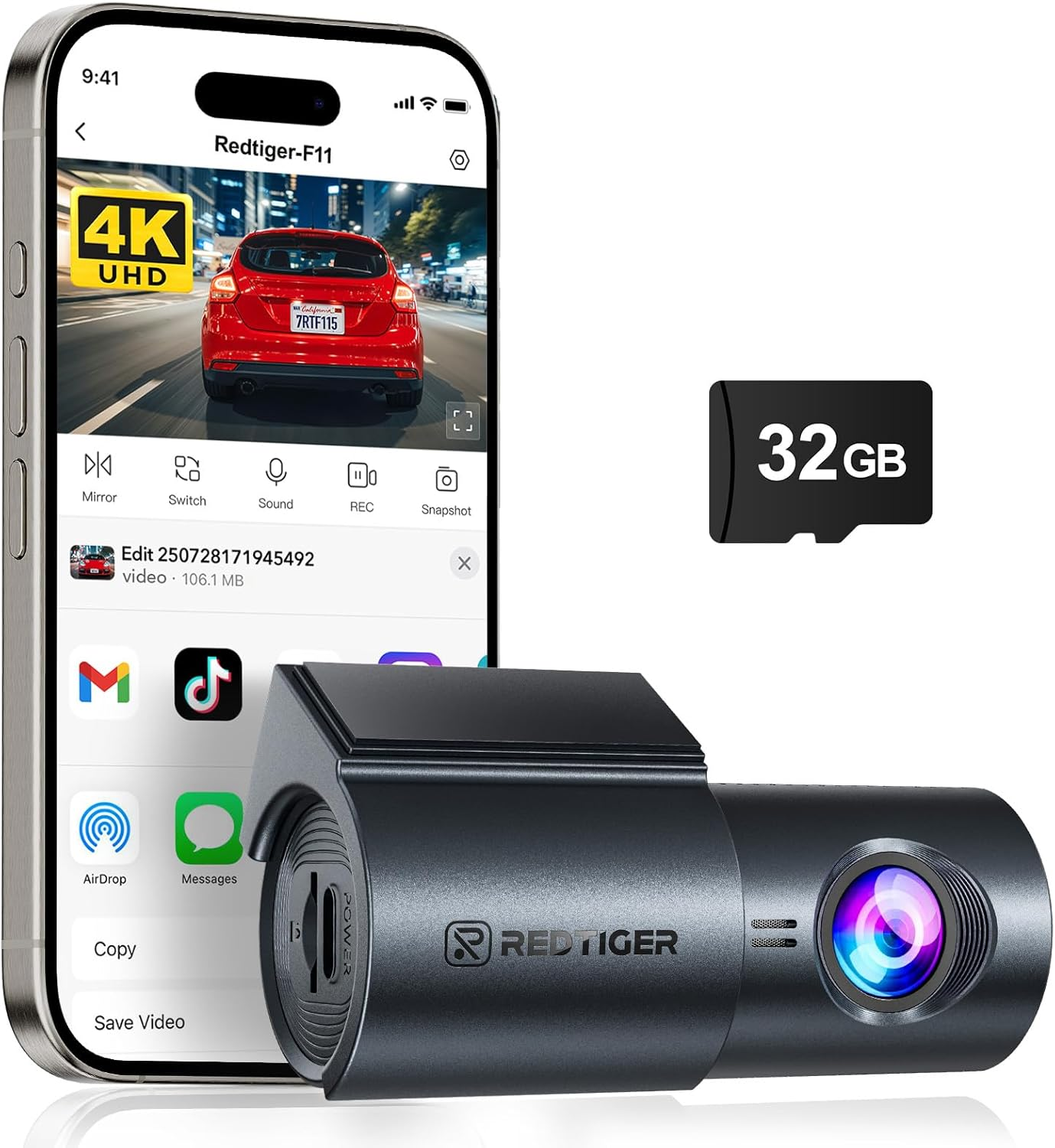 REDTIGER 4K Dash Cam Front, Mini Dashcam with Wifi, Anti-Theft Car Camera with Night Vision, WDR, 24H Parking Mode, Loop Recording, Two-Step Installation, Included 32GB Card, Supports 256GB Max(F11)