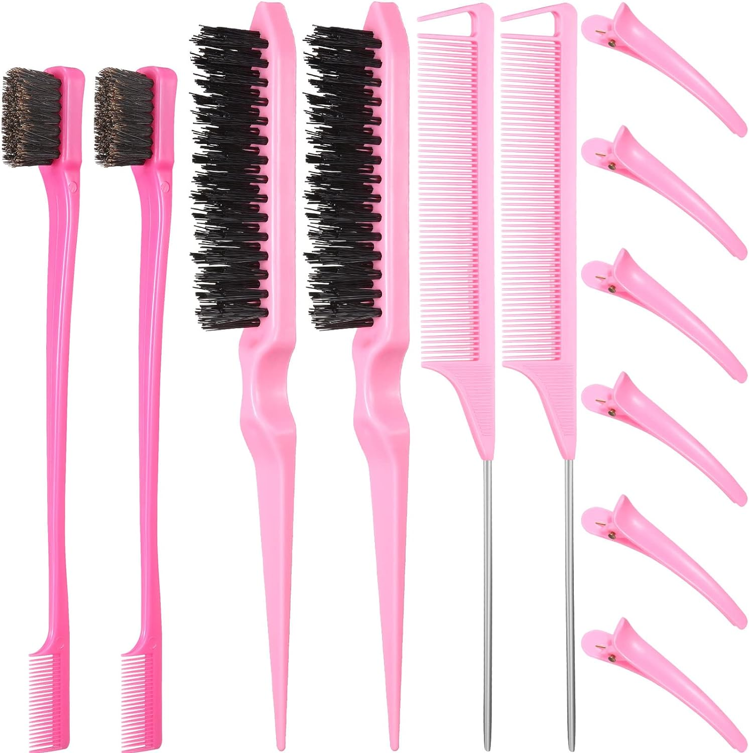 Remerry 12 Pieces Hair Brush Set, Nylon Teasing Hair Brushes 3 Row Salon Teasing Brush, Double Sided Edge Smooth Comb Grooming, Rat Tail Combs with Duckbill Clips for Women(Pink) image number 2