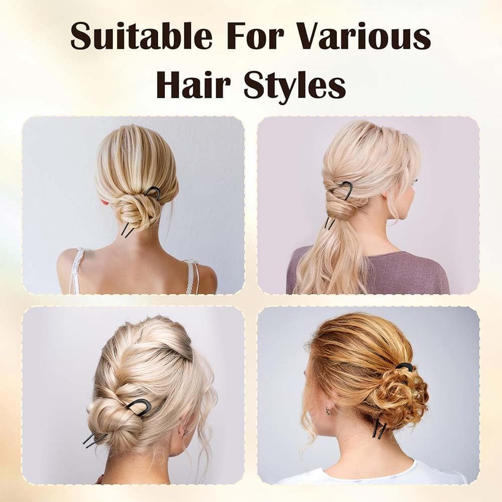 U-Shaped Chignon 2 Prong Bun Hair Sticks, 6Pcs Metal Vintage Hair Sticks French Hair Pin Chignon, Metal French U Shaped Chignon 2-Prong Sticks for Women image number 2