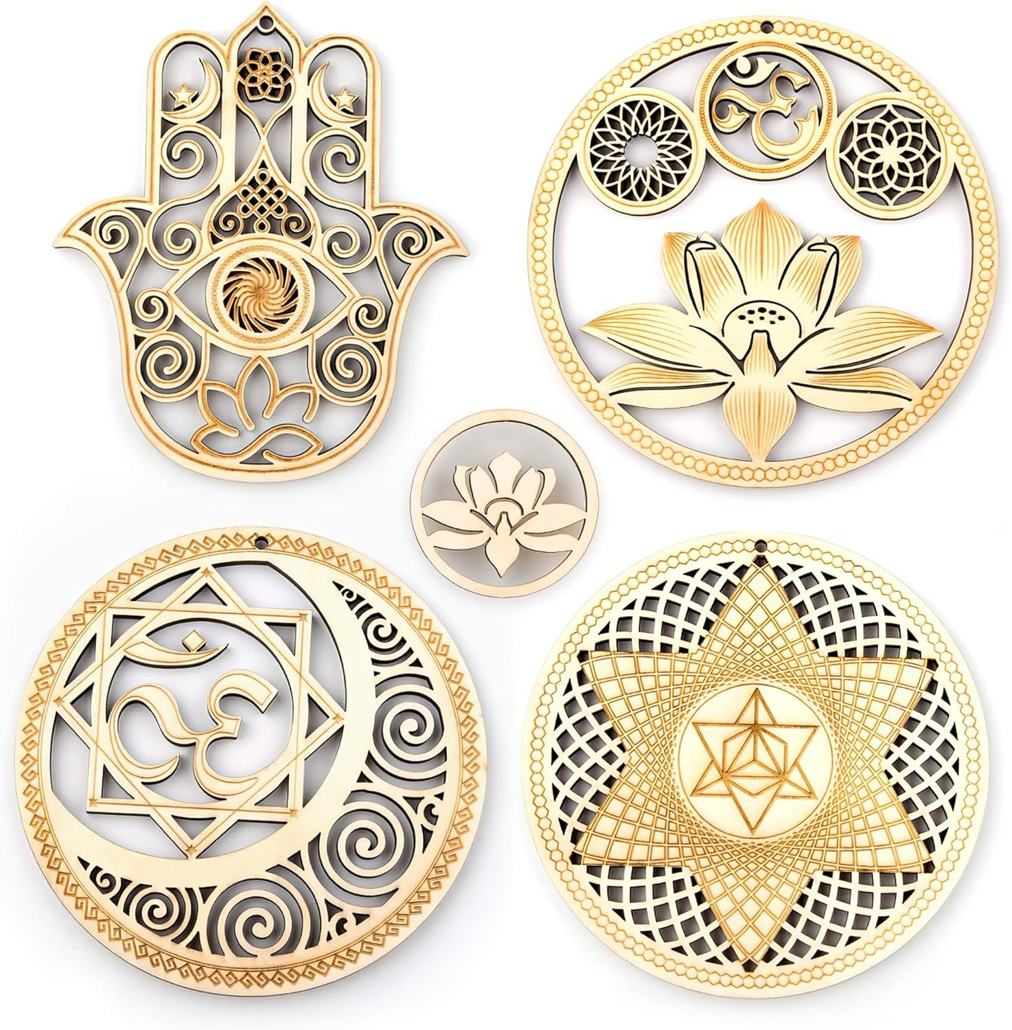 Sacred Geometry Wooden Wall Art Set - Lotus Hamsa Ohm Merkaba Meditation Decor & Coasters image number 3