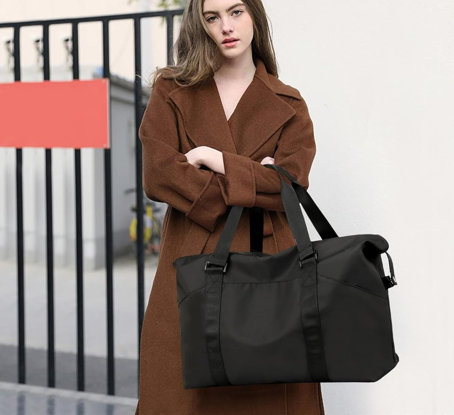 Sports Gym Bag for Women, Duffle Bag with Wet Pocket Compartment, Personal Item Travel Workout Bag (Black) image number 6