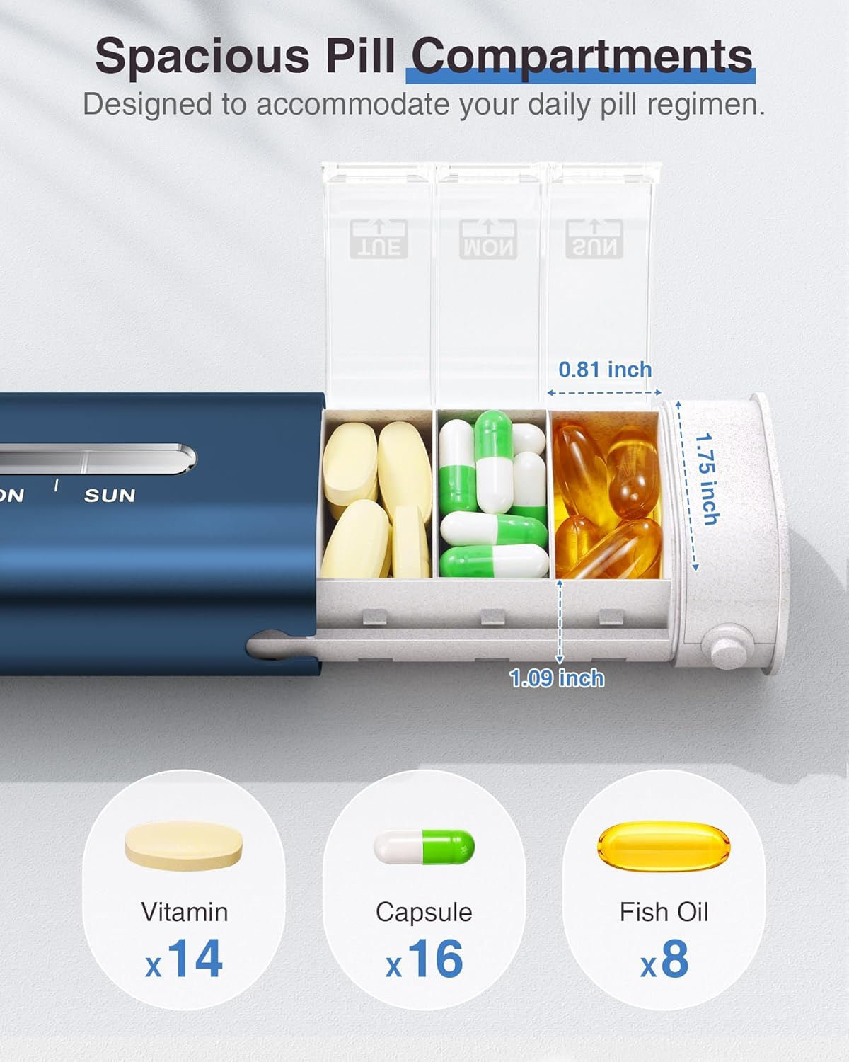 Zannaki Metal Weekly Pill Organizer, Aluminum Daily Pill Box, 7 Day Portable Travel Pill Case, Large Capacity Pill Holder Container for Pills, Medicines, Vitamins, Fish Oil, Supplements, Dark Blue image number 6