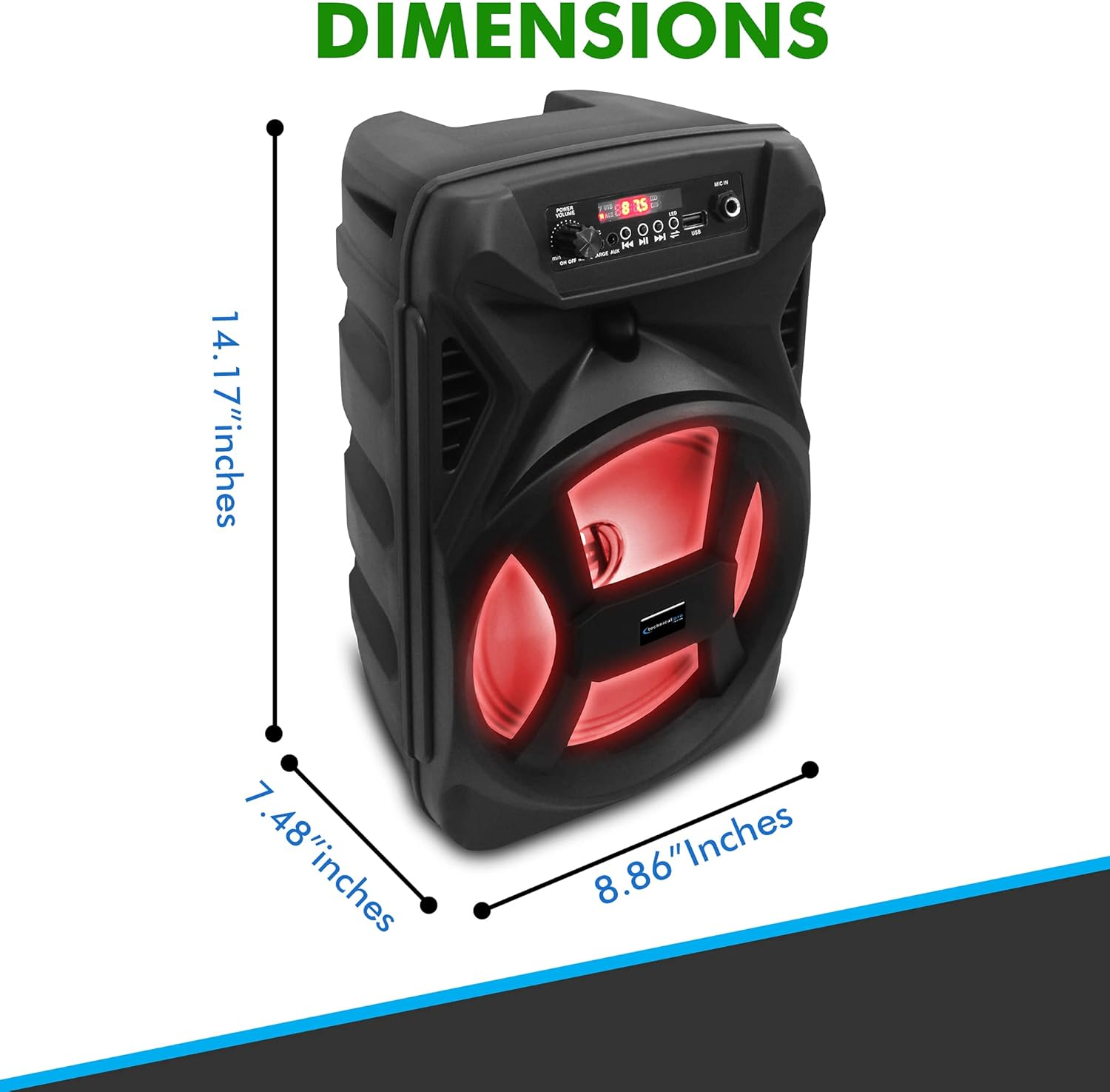 Technical Pro 500 Watts Portable 8 Inch Bluetooth Speaker with Woofer & Tweeter - Festival PA LED Speaker with Bluetooth/Usb Card Inputs, & True Wireless Stereo (Speaker) image number 3