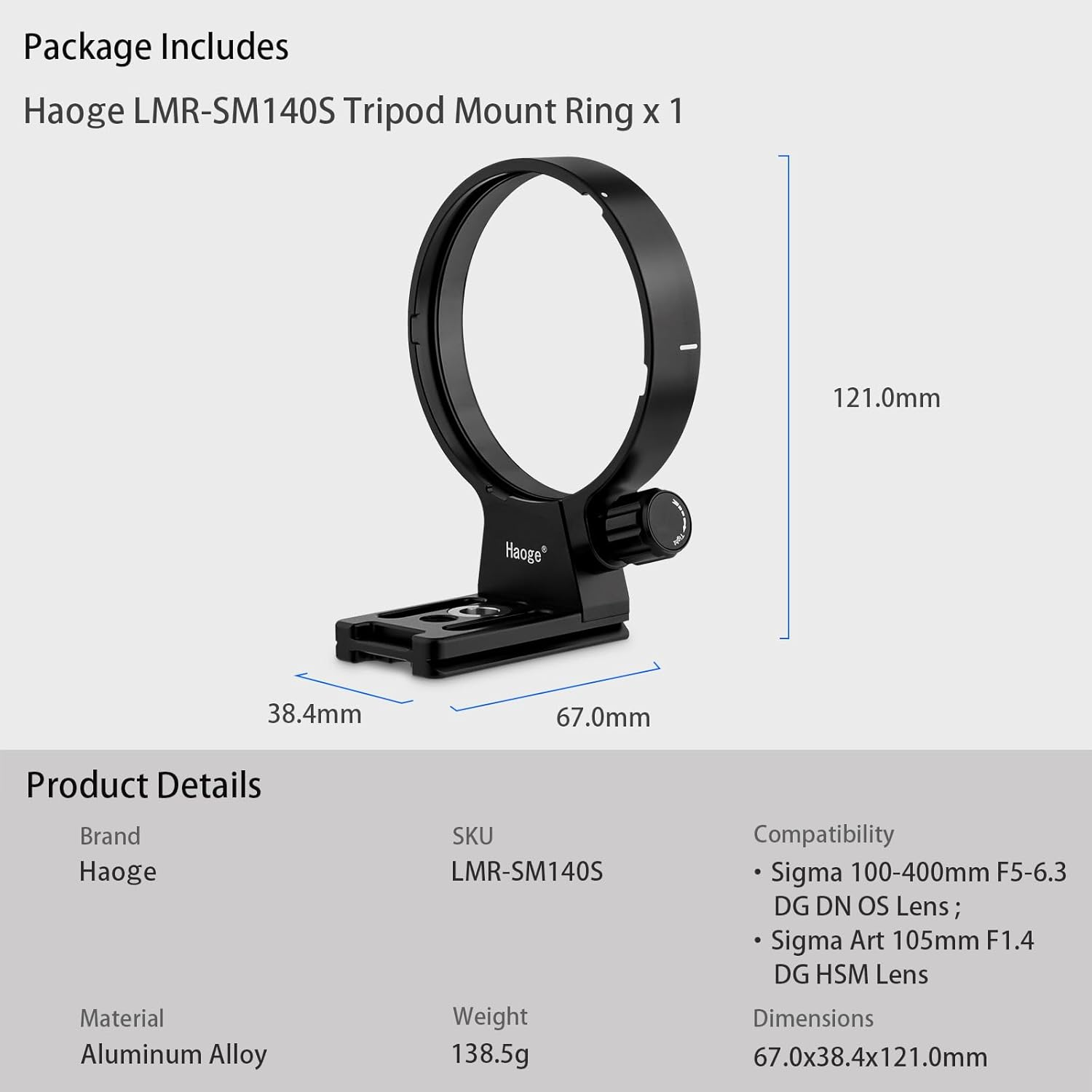 Haoge LMR-SM140S Tripod Mount Ring for Sigma 100-400Mm F5-6.3 DG DN OS Lens Sony E Mount and 105Mm F1.4 Art Lens Collar Replacement Foot Stand Base Built-In Arca Swiss Type Plate image number 2
