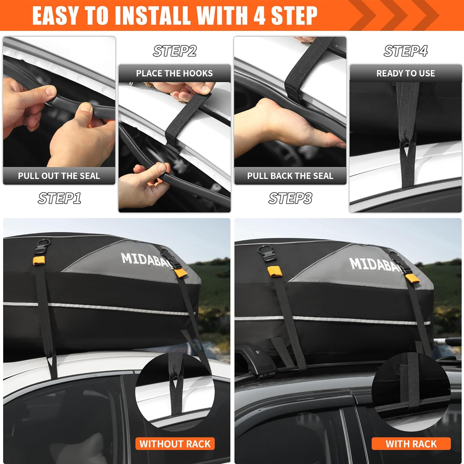 MIDABAO Waterproof Duty Car Roof Top Carrier-Car Cargo Roof Bag Car Roof Top Carrier - Waterproof & Coated Zippers- Includes Anti-Slip Mat- for Cars with or without Racks (12 Cubic Feet) image number 1