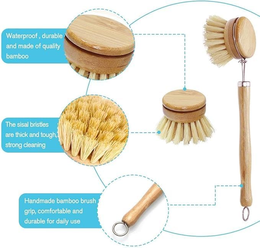 Natural Bamboo Cleaning Brush Set Pot Dish Scrub Brush with Handle Wooden Kitchen Dish Brush Dish Scrubber Replacement Brush Heads Dish Brush(Pot Brush*1+Brush Head*4) image number 5