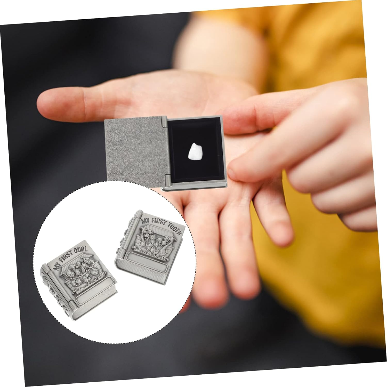 2 Pcs Baby First Tooth and Curl Keepsake Boxes Metal Storage Containers for Newborns Silver Retro Treasure Chest image number 5