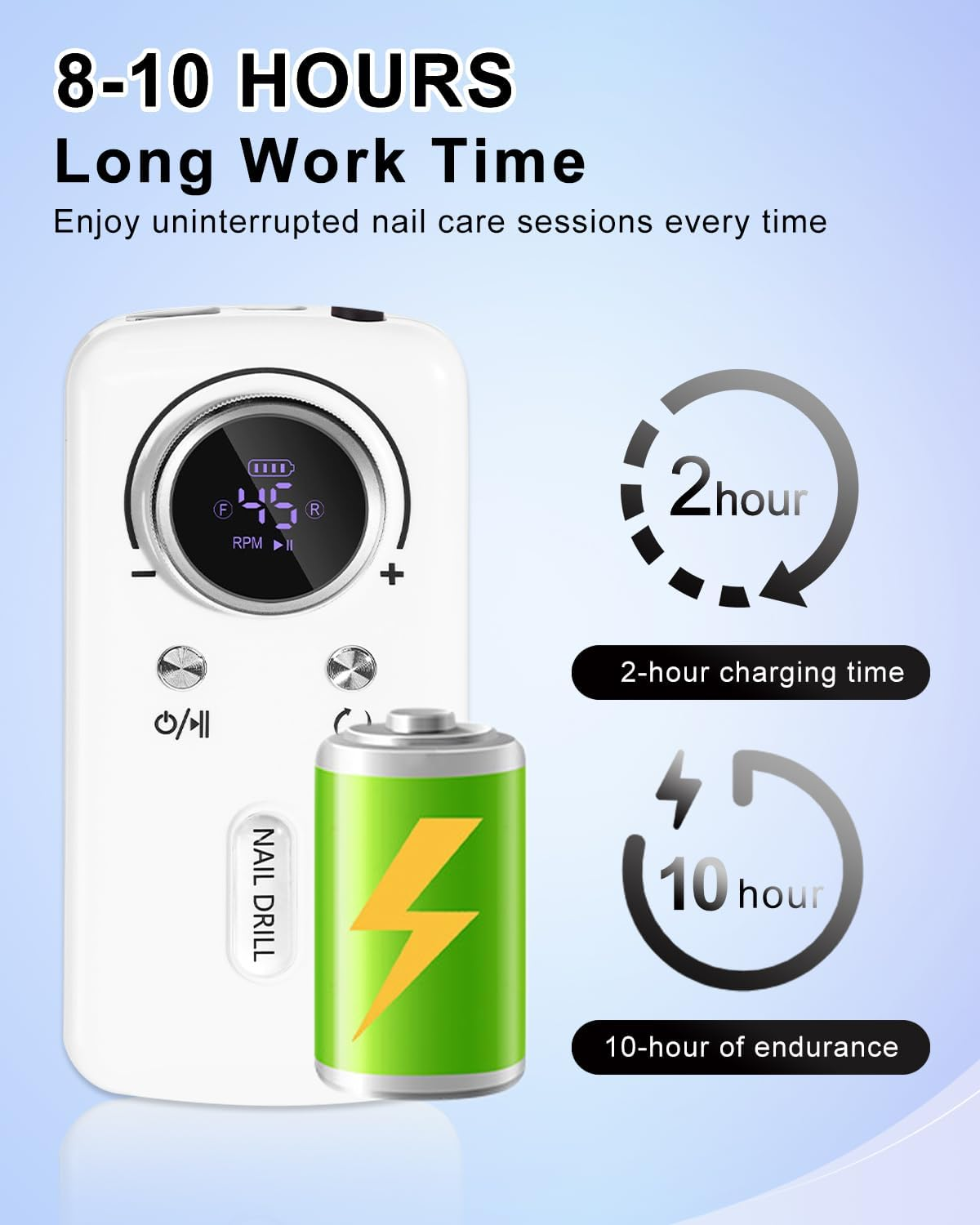 Cordless Nail Drill Professional: 45000 RPM Rechargeable Electric Nail File Kit, Portable & Low Noise for Acrylic, Gel Nails, Manicure & Pedicure - Salon & Home Use image number 6