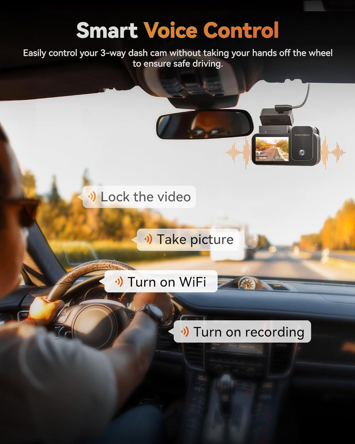 WOLFBOX X5 New 3 Channel 4K HDR Dash Cam, STARVIS 2 IMX678,4K+2.5K+1080P Front and Rear inside Car Camera with 128GB Card, Voice Control, 5.8Ghz Wifi GPS, Touch Screen, Digital Signal, Support 512GB