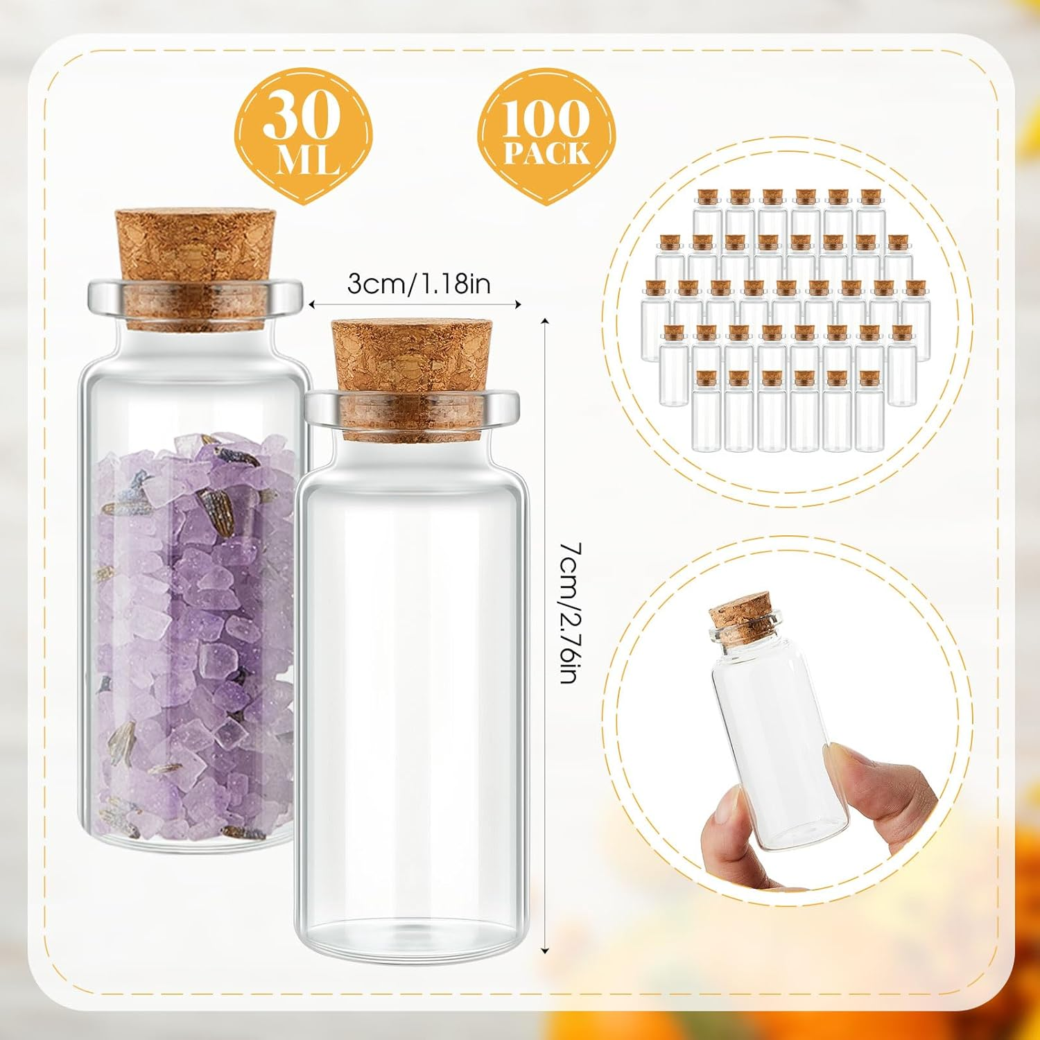 Gerrii 100 Pcs 30 Ml Mini Glass Bottles with Wood Cork Stoppers, Mini Glass Vials Small Clear Bottles Wishing Message Spell Potion Tiny Jars Sand Art for Decoration Wedding DIY Favor image number 2