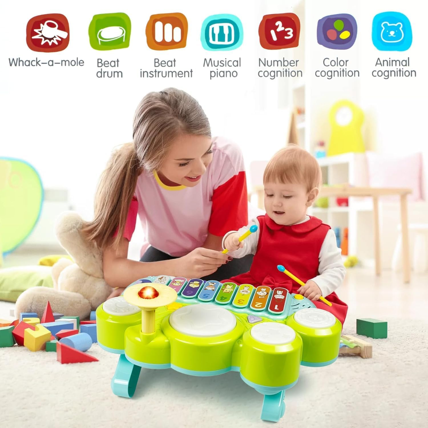 Baby Musical Toys 3 in 1 Piano Keyboard Xylophone Drum Set for 1 Year Old Girls Boys Age 2 Music Instrument Learning Toys Toddlers 1-3 0-2 First Birthday Gift Infant Baby Toy 6 9 12 18 Month image number 1