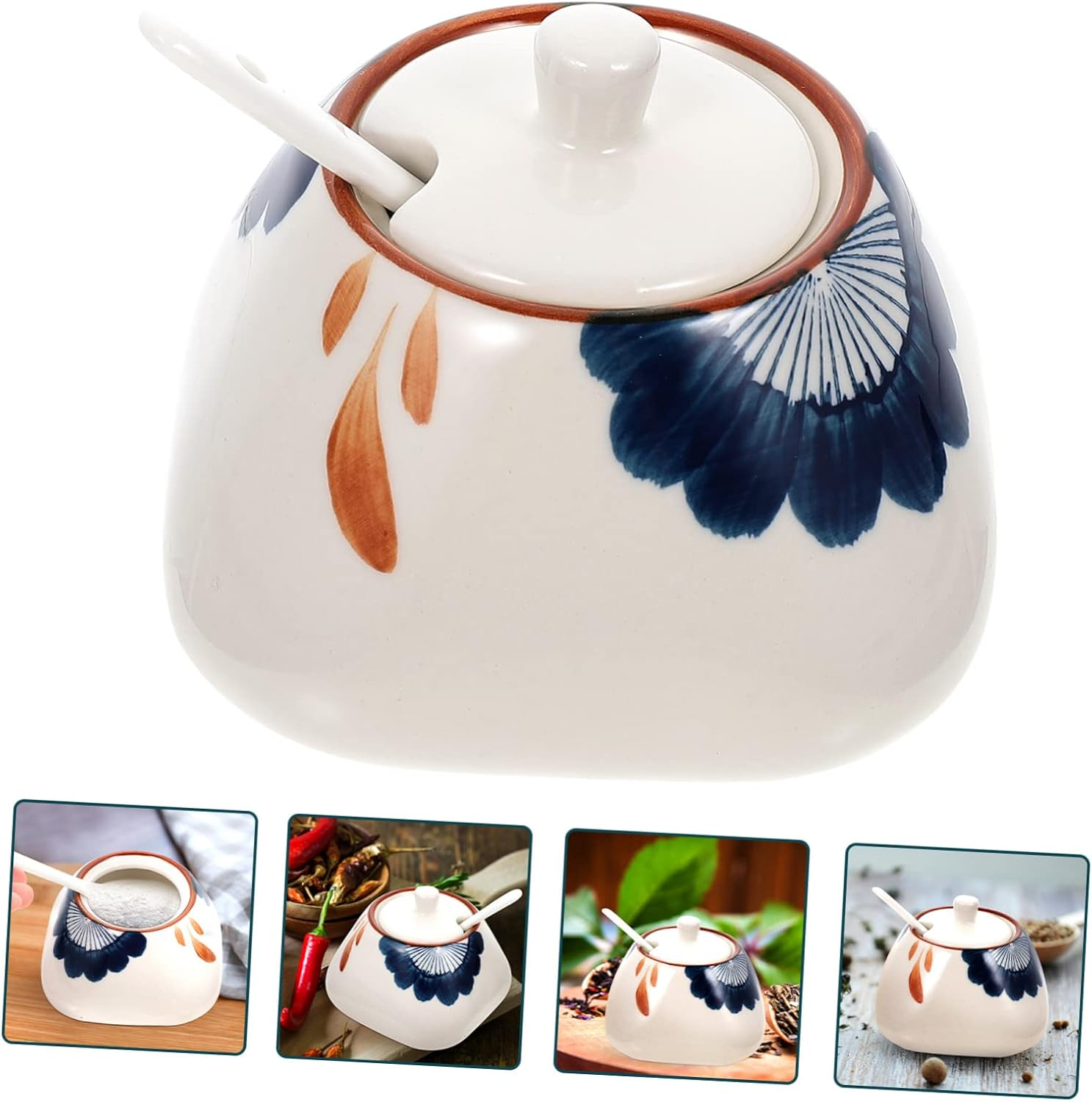 GRIRIW Ceramic Storage Jar with Spoon 300Ml Japanese Style Porcelain Sauce Canister Orchid Pattern Kitchen Condiment Container for Home Cooking image number 3