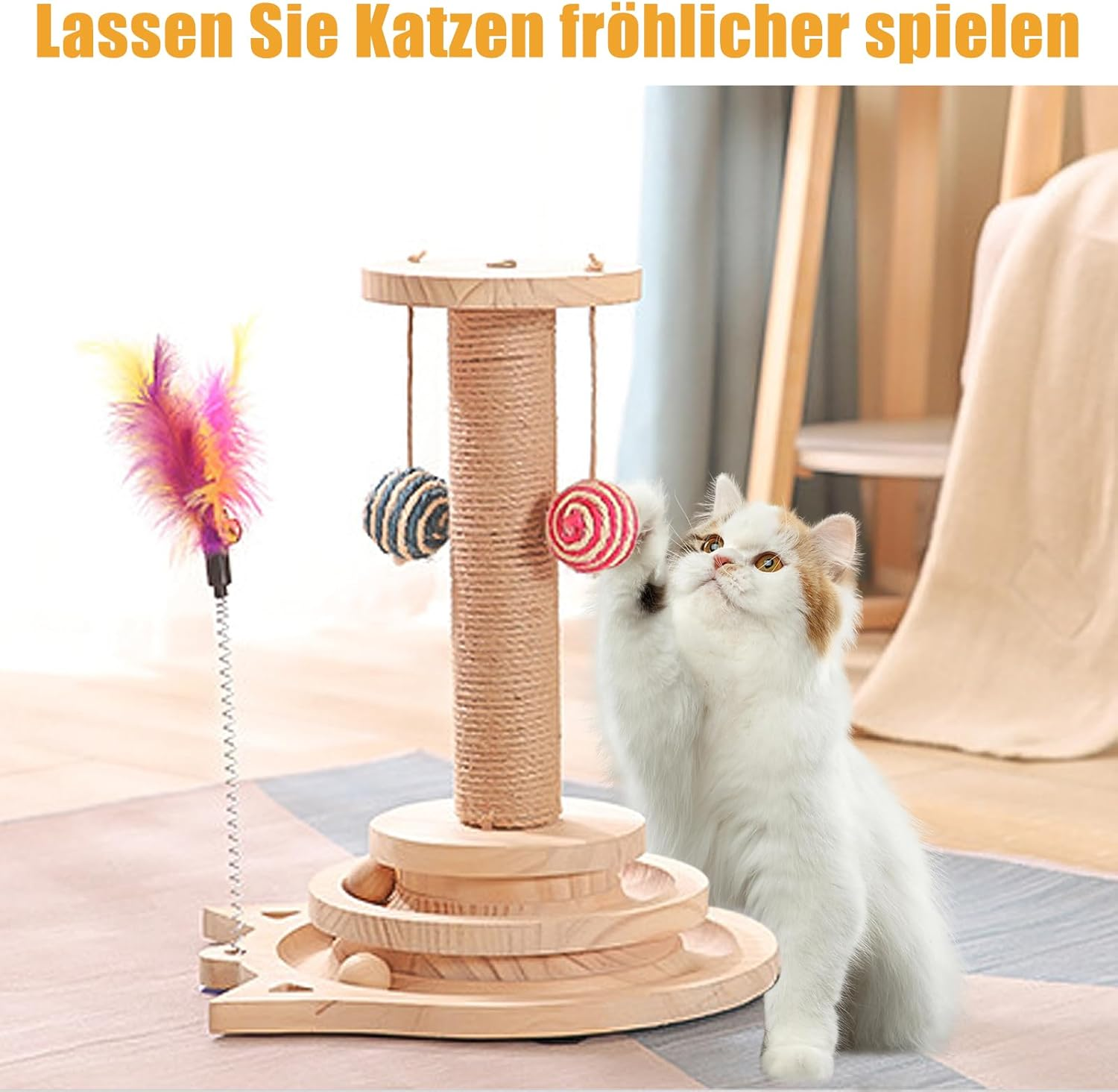 Cat Toy, Wooden Roller Cat Interactive Toy, Rotating Plate, Scratching Post with Hanging Balls & Feather, Interactive Cat Toy for Small Medium Cats to Play image number 6