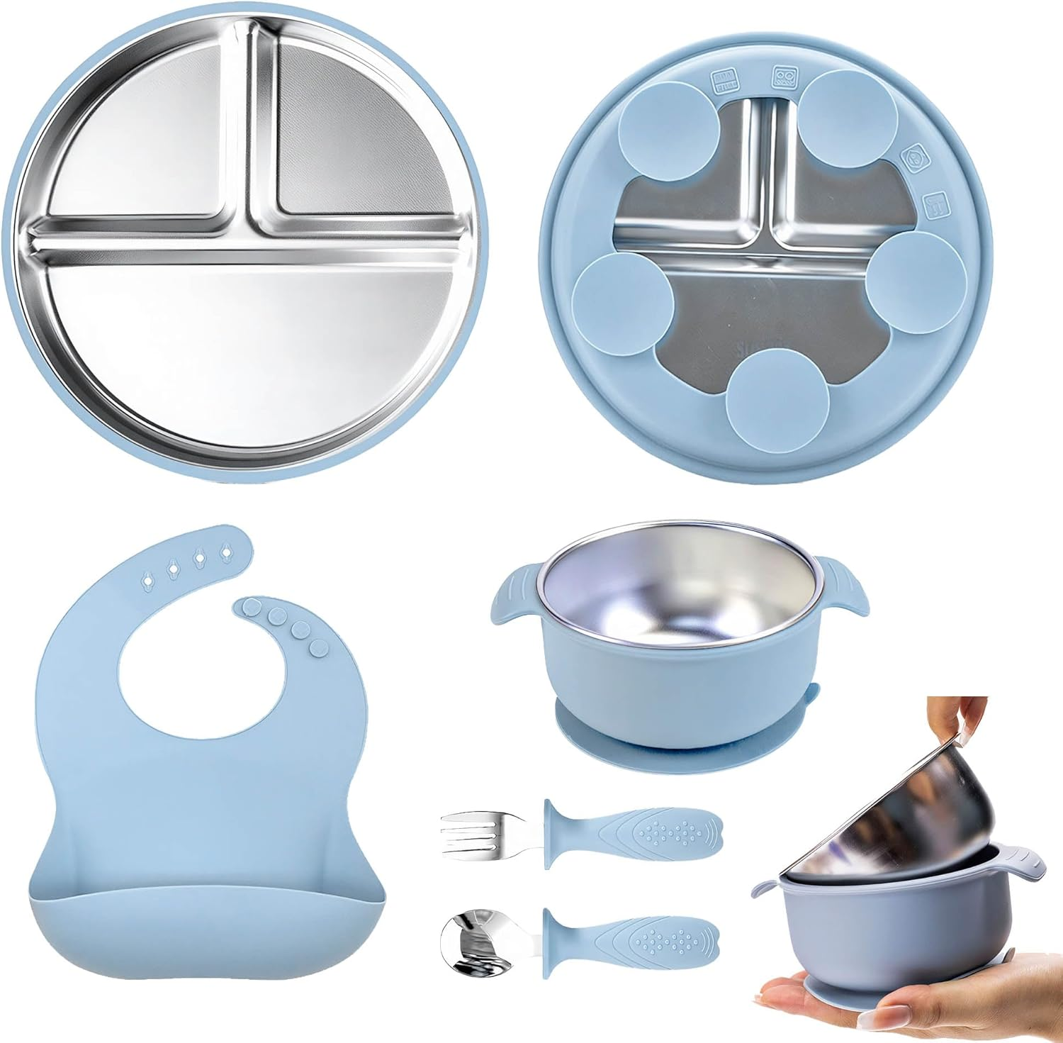 Stainless Steel Plate Kids Cutlery Set with Fork Spoon Bowl Bibs and Removable Silicone Suction Base (Pink)