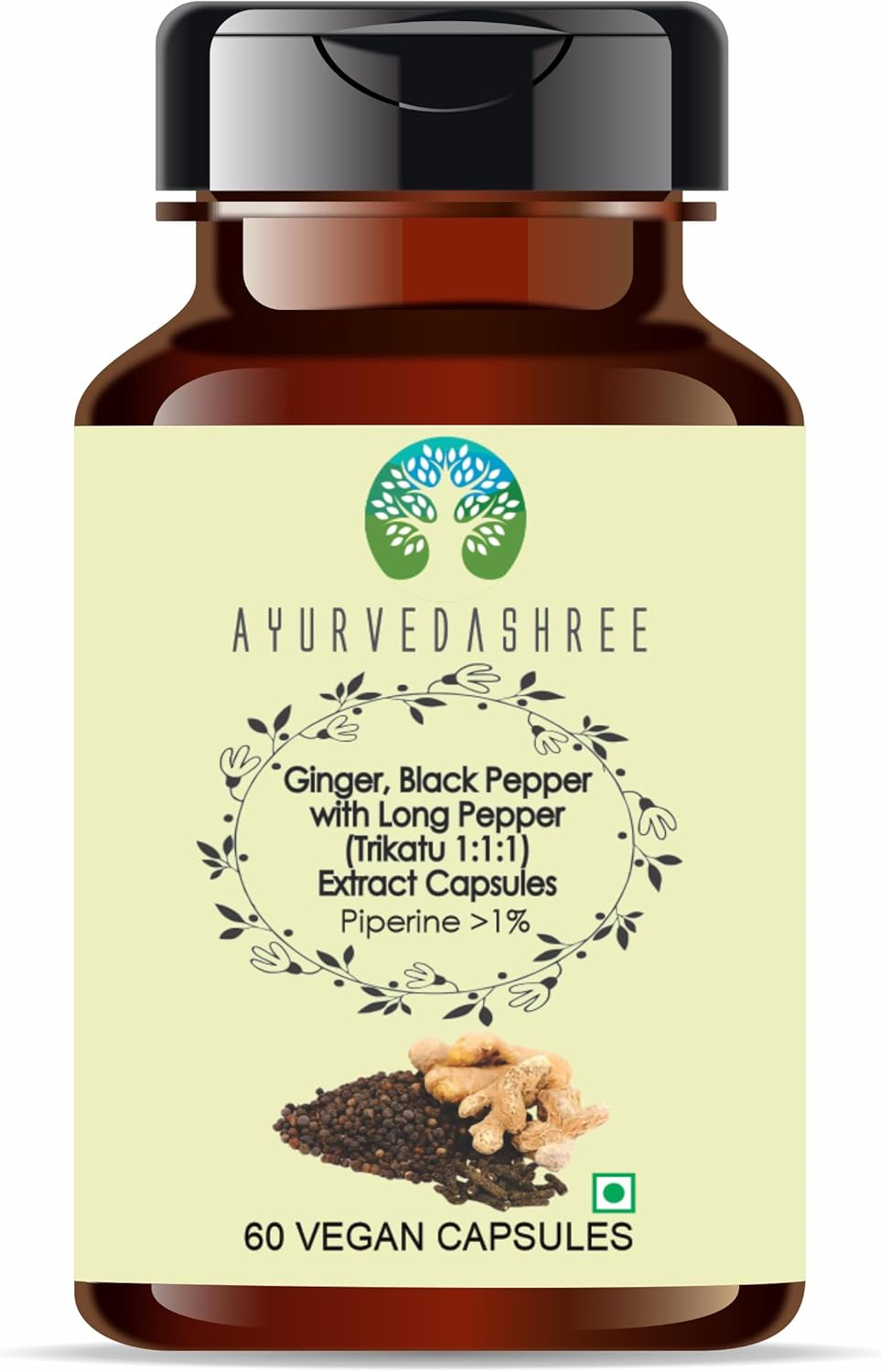 Trikatu Extract 500Mg - 60 Vegetarian Capsules | Ginger with Black Pepper & Long Pepper Extract | | All Natural | 100% Vegan | Gluten-Free | GMP Certified.