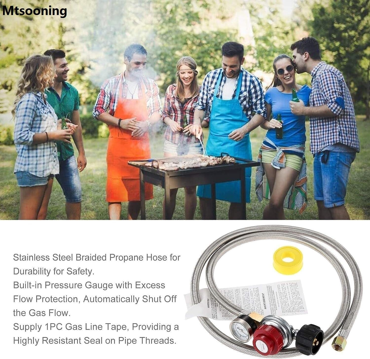 Mtsooning 0-30 PSI High Pressure Adjustable Propane Regulator with Stainless Steel Braided Hose& Gauge, 60&rsquo;&rsquo; Hose Qcc1/Type1 to 3/8" Female Flare, for BBQ Fire Pit Gas Stove Forge Smoker Turkey Fryer image number 1