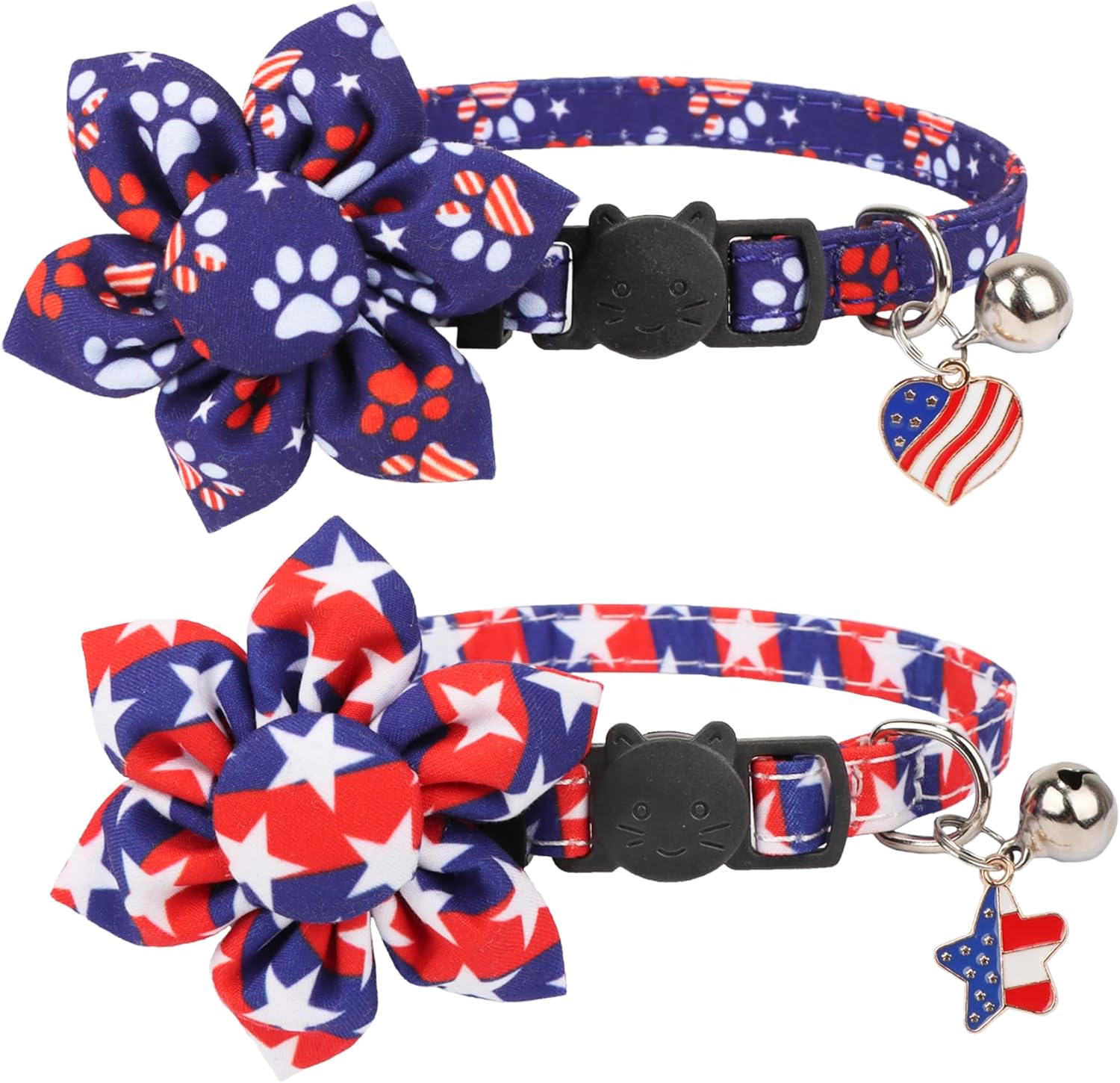 ADOGGYGO American Flag Cat Collars with Removable Flower Bell, Adjustable 4Th of July Cat Floral Collars Red Blue Cat Flag Collars for Cats Kittens (4Th of July)