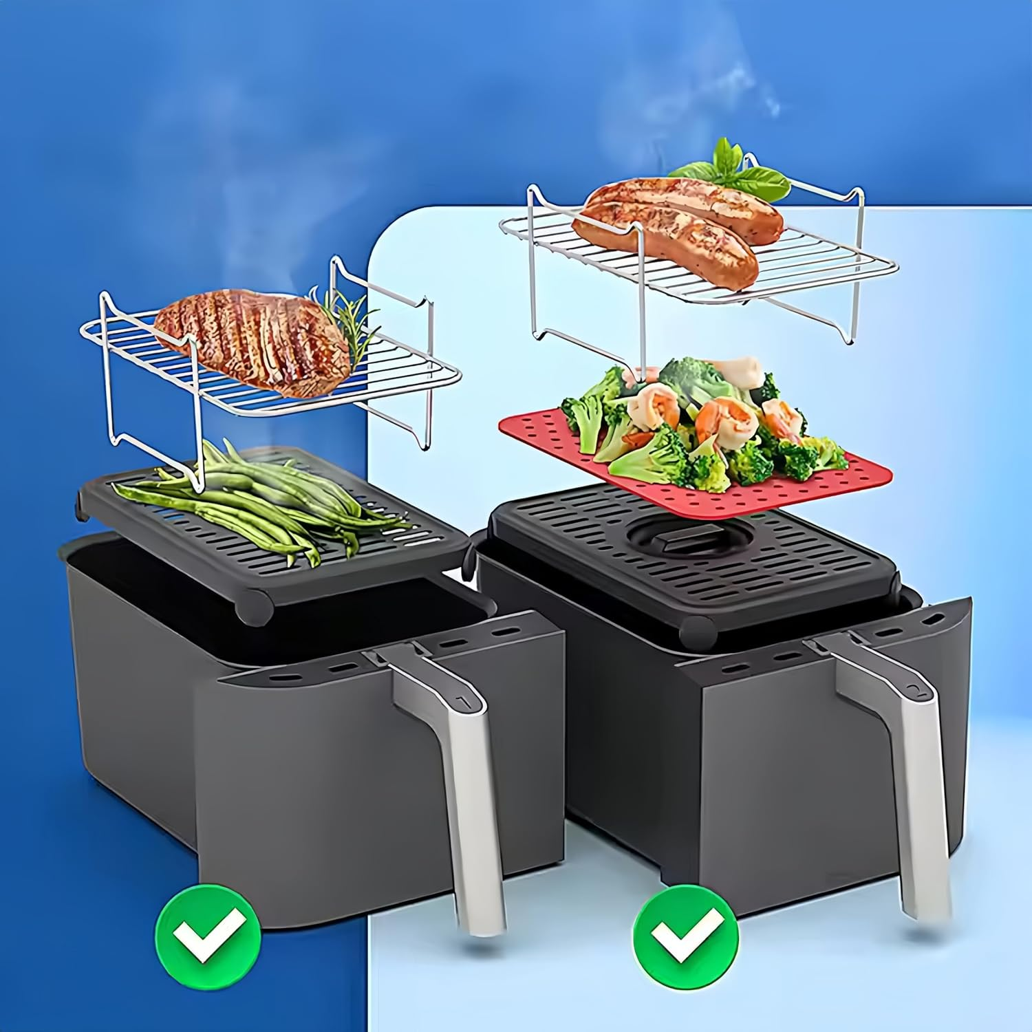 Azragon Ninja Dual Air Fryer (9-In-1), 2 Stainless Steel Racks, Heat-Insulated Clip, Oil Brush, 4 Sausage Skewers, 1 Mat, and Convection Oven Rectangular Shelf. image number 4