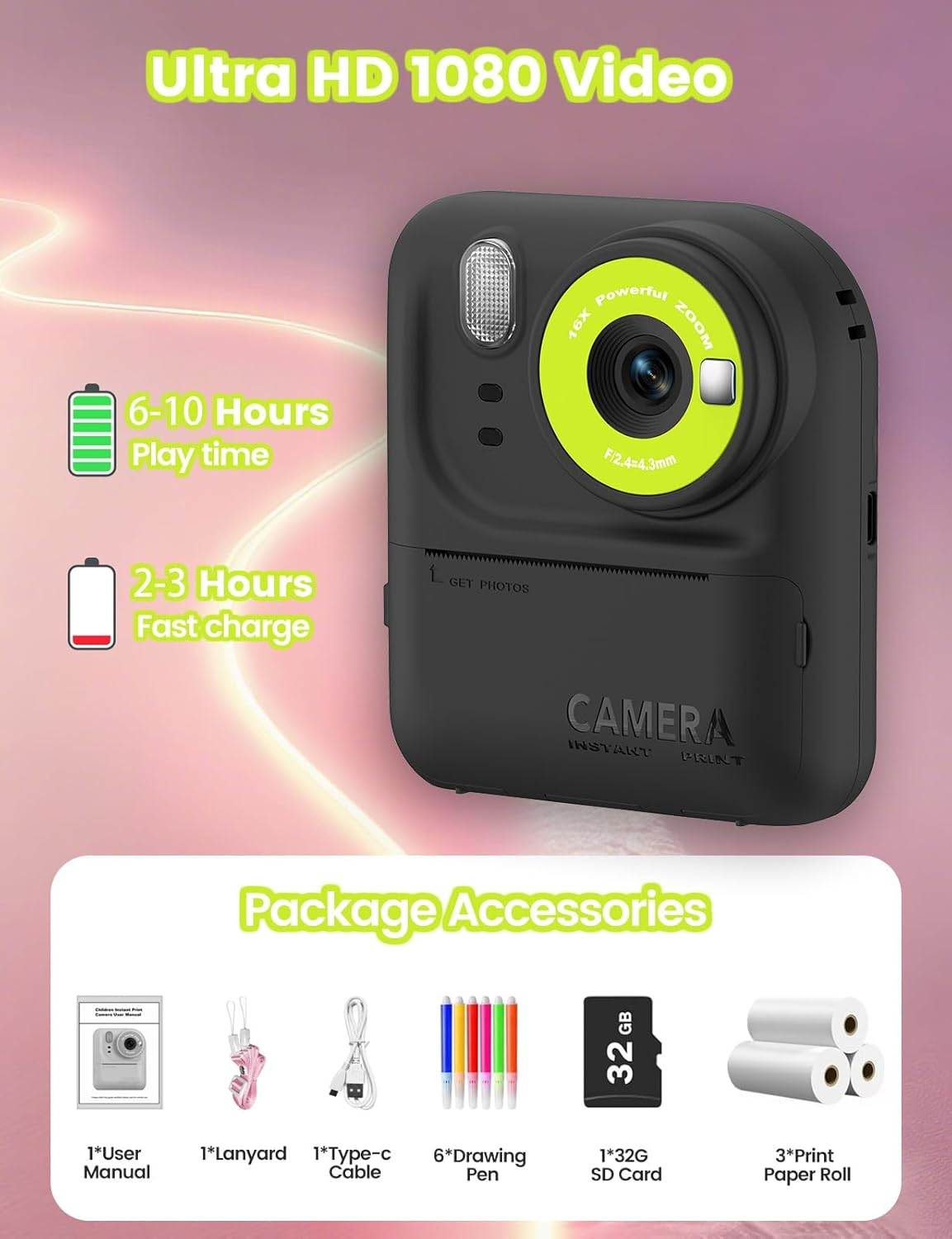 ZONEY Kids Camera Instant Print Photo, Christmas Birthday Gift Toys for 3-12 Years Old, Digital Camera with HD Video, Portable Travel Cameras Present for 4 5 6 7 8 9 Year Old Boys Girls, Black image number 2