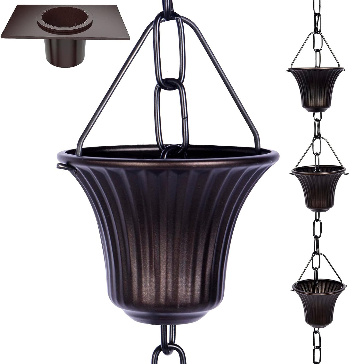 Rain Chain Set 8.5 Ft,Not Rust Wrought Iron Rain Chains for Gutters with Adapter Gotta Drain and Anchoring Stake, 14 Cups, 1 Hook, Adjustable Length for Garden Decorative (Coffee)