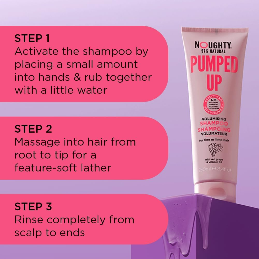 Noughty 97% Natural Pumped up Volumising Shampoo, Sulphate Free Vegan Haircare, for Fine or Limp Hair, with Red Grape and Vitamin B5 250Ml image number 1