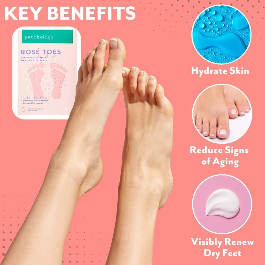 Patchology Ros&eacute; Toes Moisturizing Foot Mask &ndash; Shea Butter & Strawberry Scented Booties for Dry, Cracked Feet, Disposable Spa Socks with Resveratrol for Soothing Foot Care, Self-Care Essentials image number 2
