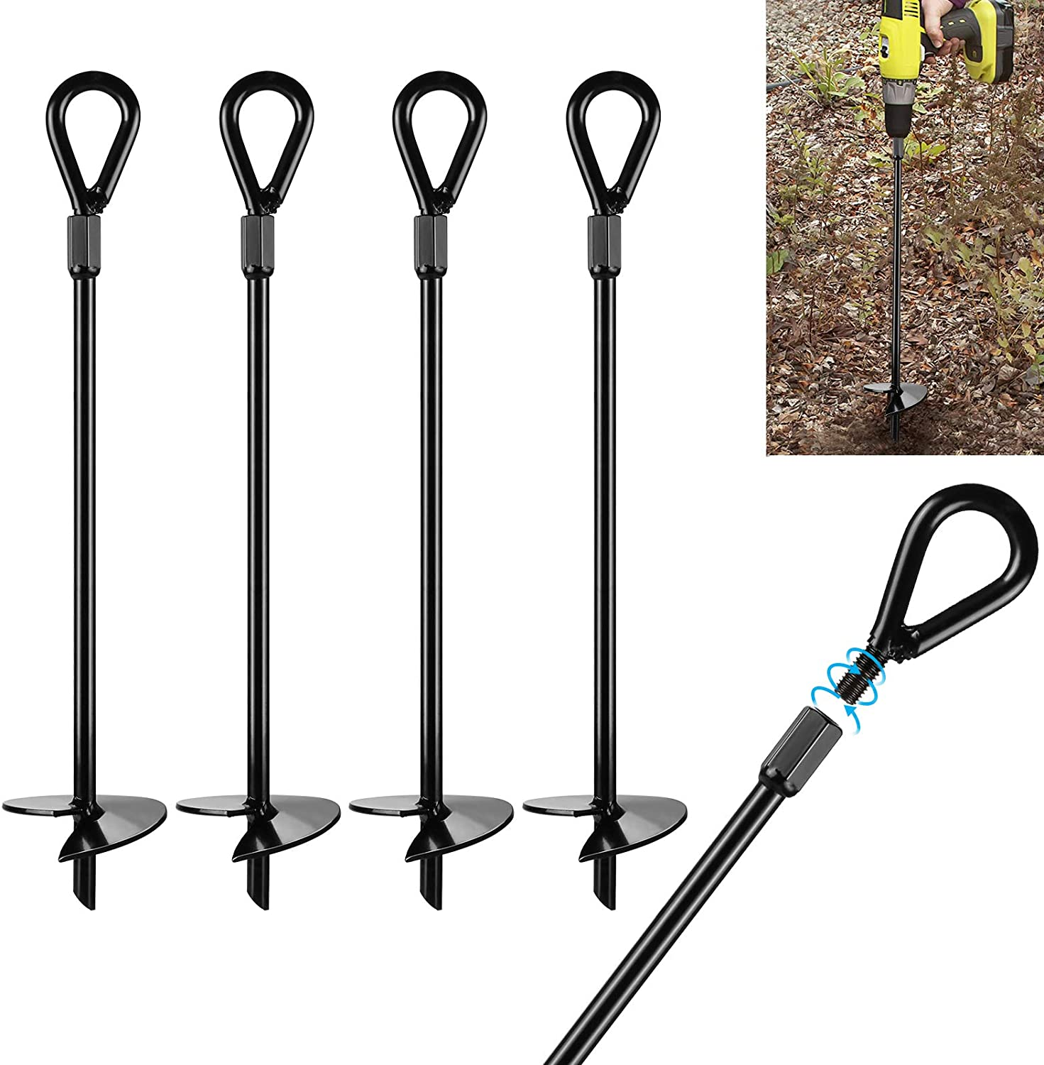Ground Anchors, Agptek 4 Packs Ground Anchor Kit with 15 Inches Long and 0.5 Inches Thick, Ground Anchors Heavy Duty Great for Tents, Canopies, Sheds, Trampoline and Swing Sets