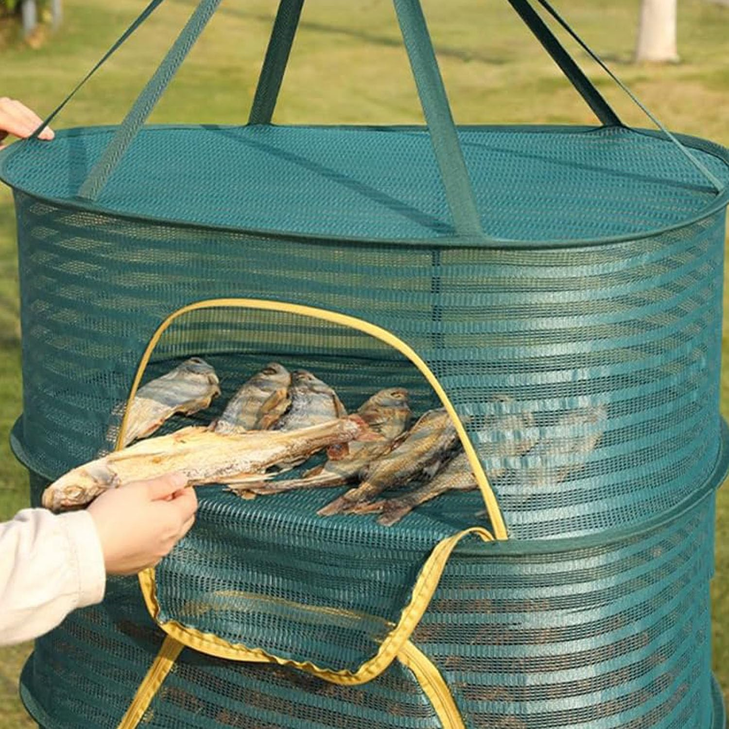 Mtxorvix Herb Drying Rack, 4 Layers Hanging Mesh Net with Zipper, Rack Netmesh Hanging Dryer, Closure Foldable Mesh Drying Rack for Clothes Toys Vegetables Fruits Fish (Dark Green) image number 4