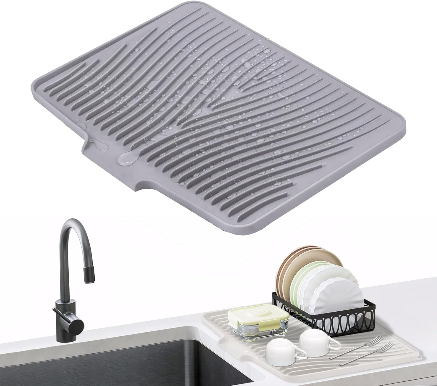 Silicone Dish Drying Mat for Kitchen Counter Non-Slip Pad with Built-In Drain Sink (Black)