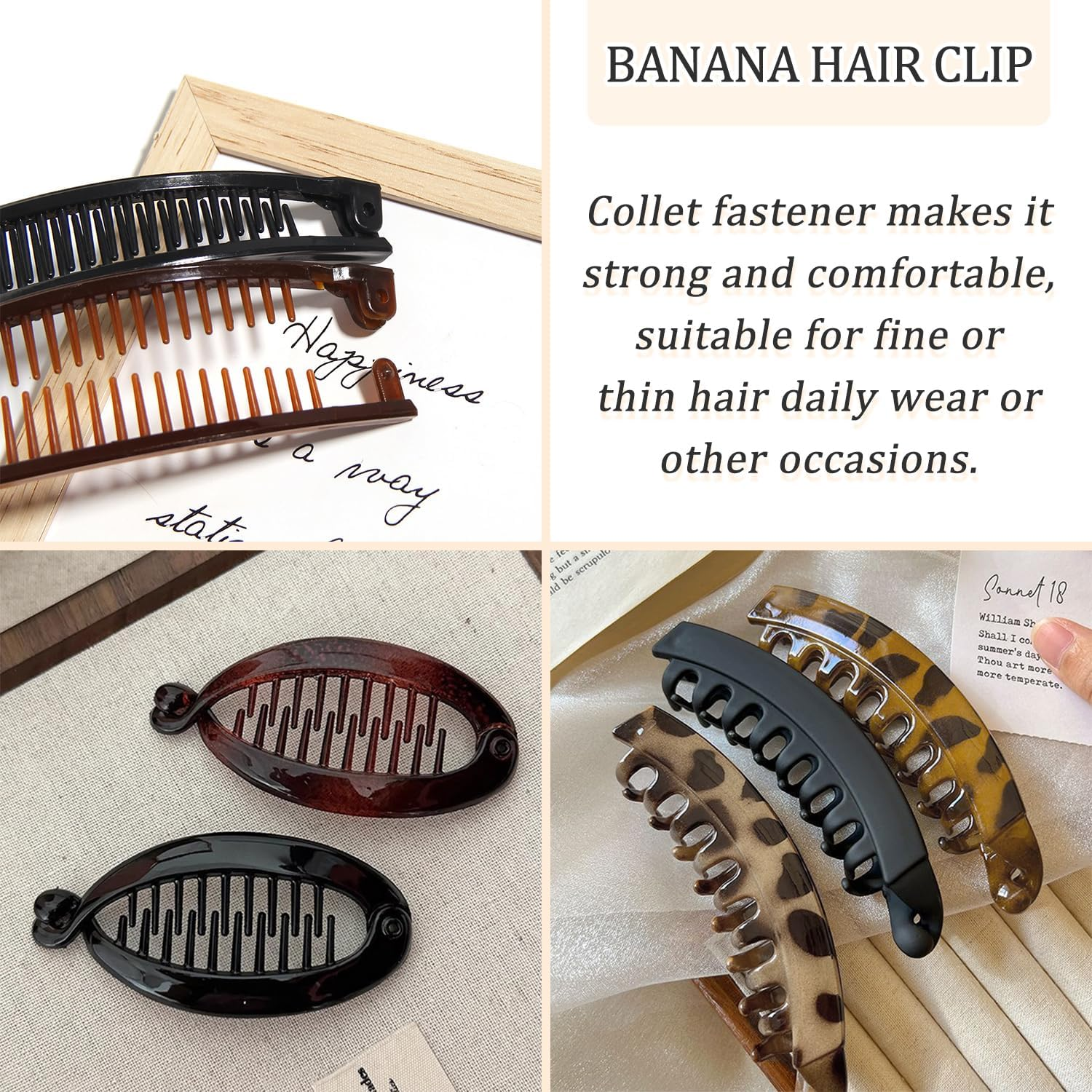 SYEYCW 9 Pcs Bannana Hair Clips, Non-Slip Banana Hair-Comb, Double Comb Long Clips & Ponytail Holders, Fishtail Strong Hold Ponytail Holder, for Thick & Fine Hair, Clip Accessories for Women Girls image number 4