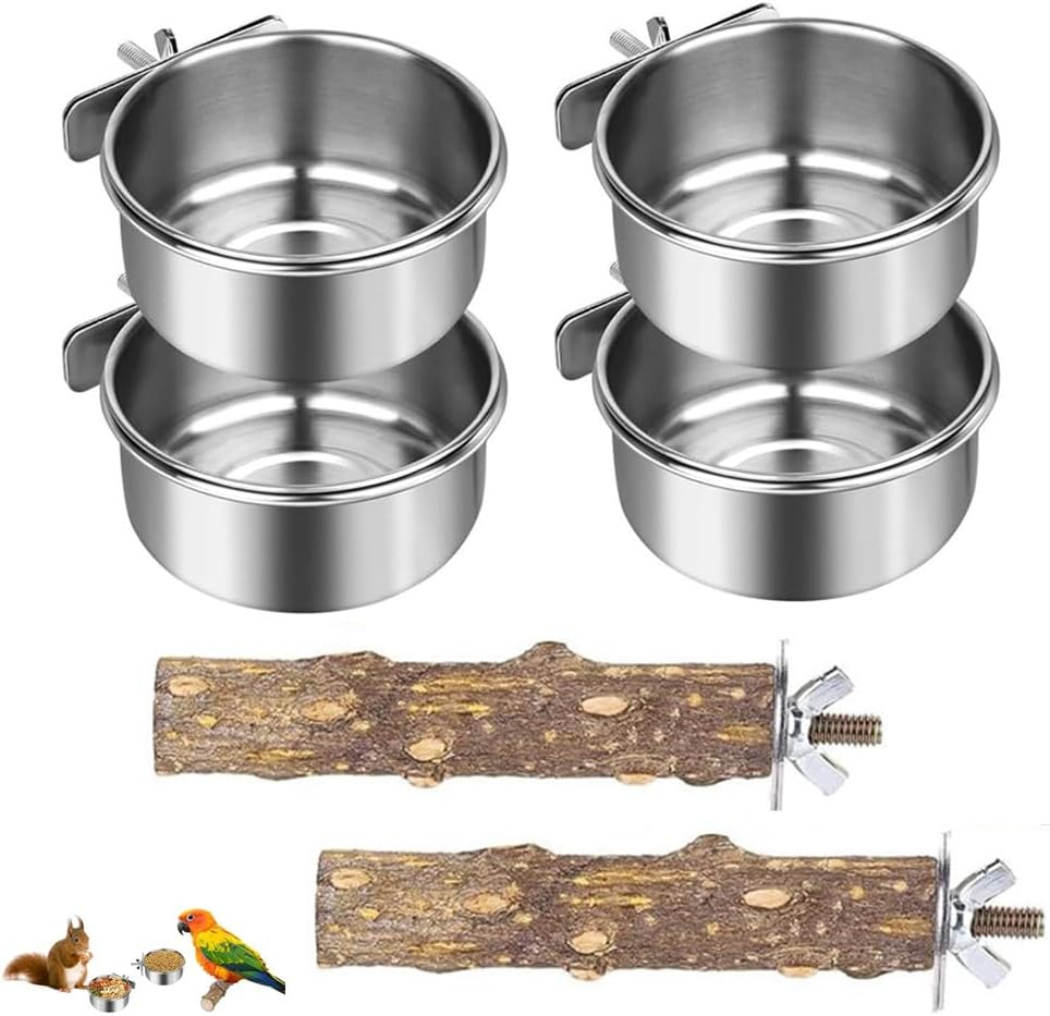 Granmagazz Parrot Feeder, 4Pcspet Feeder, Bird Feeder for Cage, Parrot Feeding Cups Birds Food Dish 2 Pcs Perches,10X 4.5 Cm, Stainless Steel Parrot Feeders Water,For Parrot Parakeet Lovebird image number 2