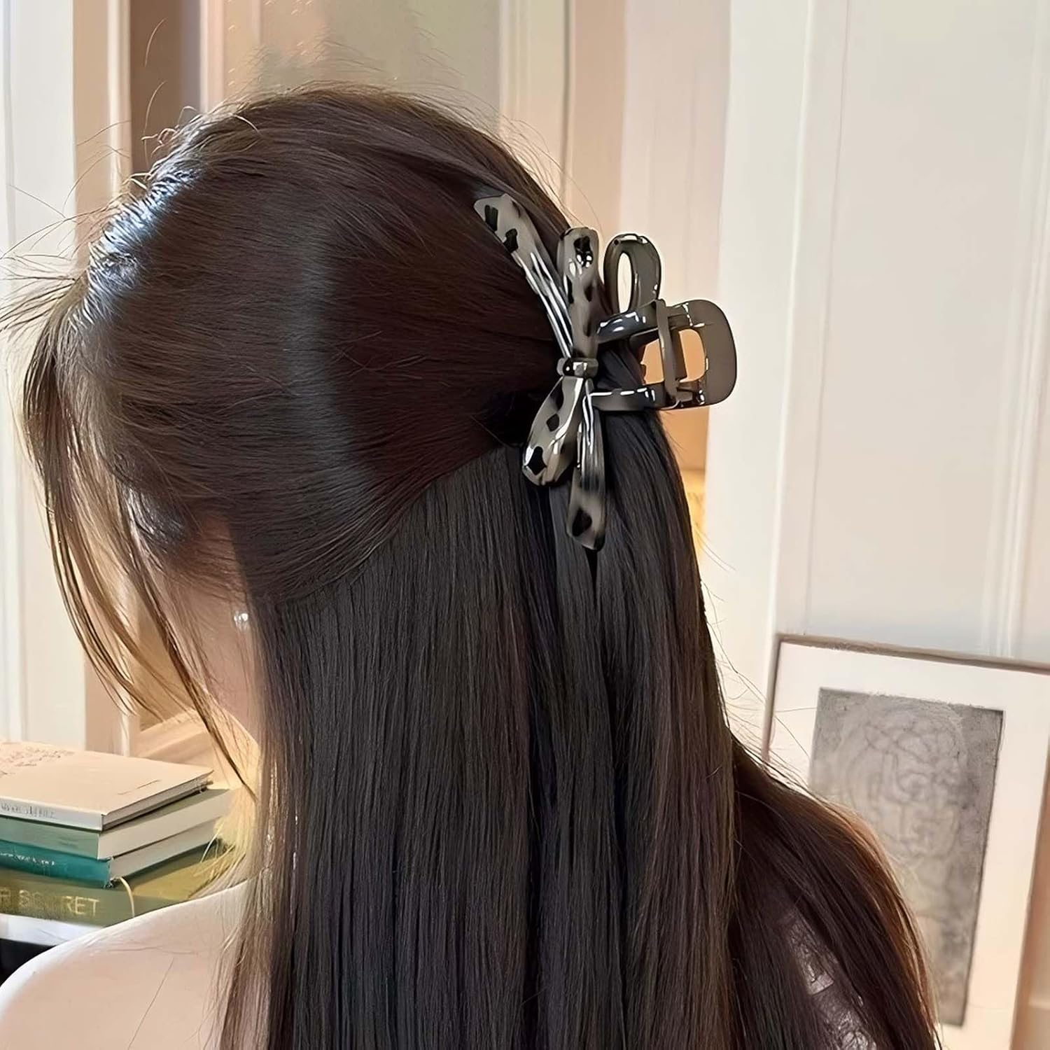 Inateannal Vintage Large Bow Claw Clips Large Turtle Plastic Hair Claw Acrylic Leopard Print Hair Clips Thick Curly Non-Slip Hair Clips Strong Hold Bow Hair Accessories image number 2