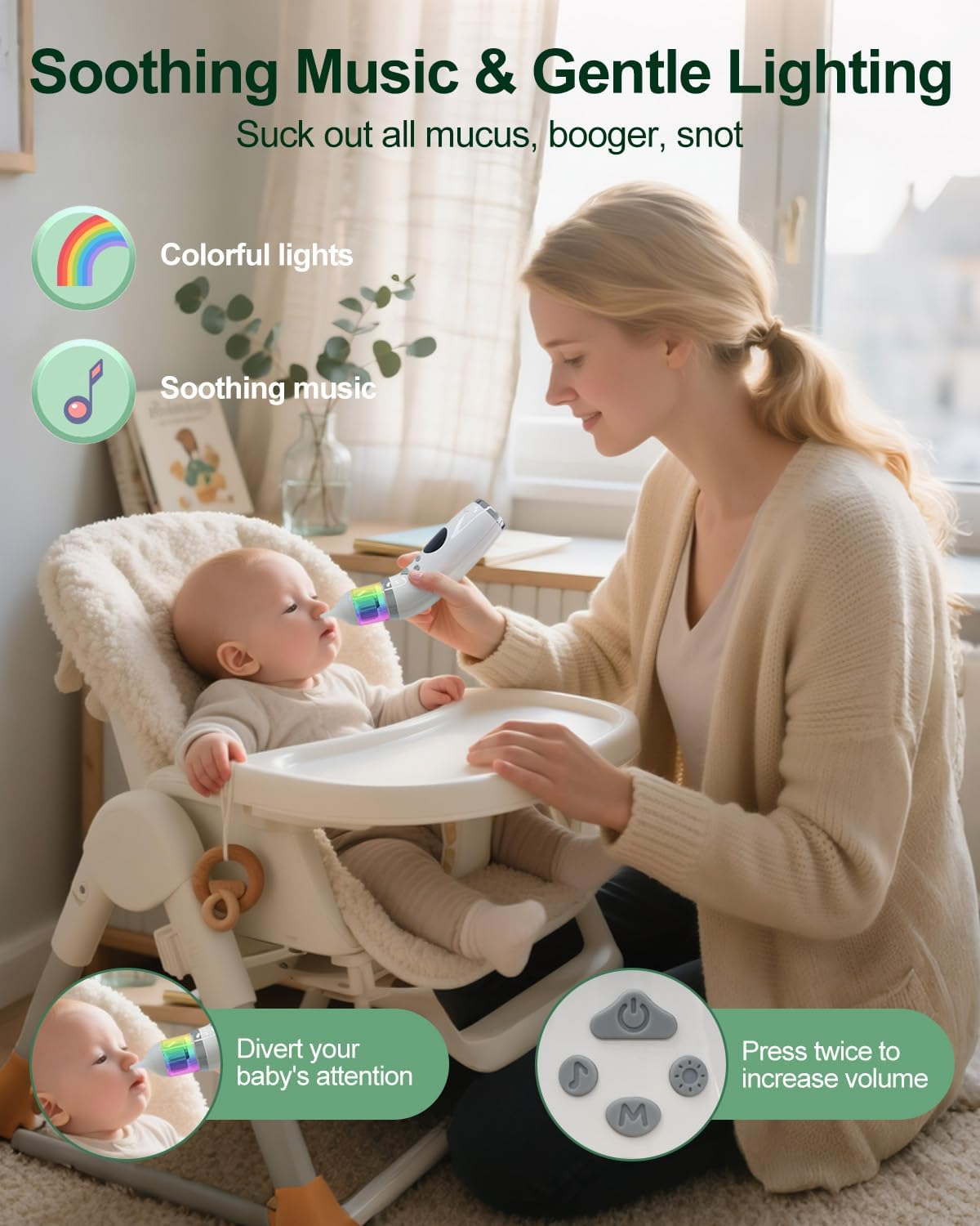 Oolong Baby Nasal Aspirator,Electric Nose Sucker for Toddler,Nasal Aspirator Adjustable 5 Modes Suction,Auto Snot & Nose Cleaner Kit with 3 Silicone Tips,Music and Light Soothing Function image number 6