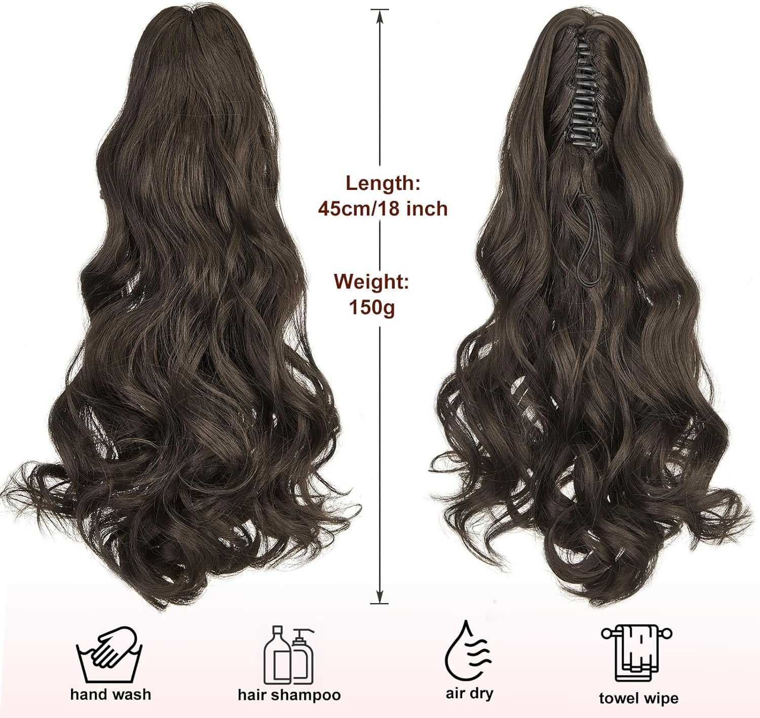 Dcbaboo Claw Clip in Ponytail Hair Extensions Long Wavy 18Inch Ponytail Extension Curly Wave Synthetic Jaw on Pony Tails Natural Hairpiece Fake Ponytail for Women, Medium Brown image number 2