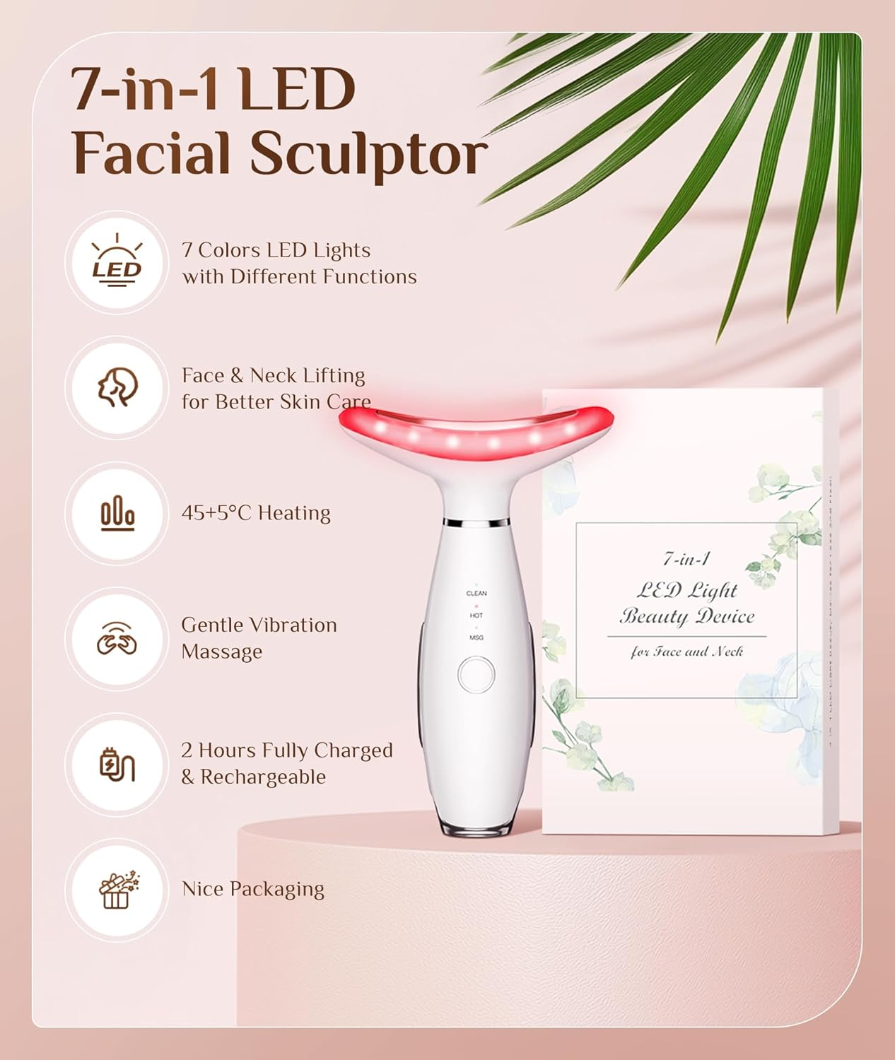 Dopsikn 7 Color Galvanic Machines - Red Light Therapy for Face and Neck, Face Massager Tool for Wrinkles, Double Chin, Vibrating Facial Massager with Thermals, White - White image number 4