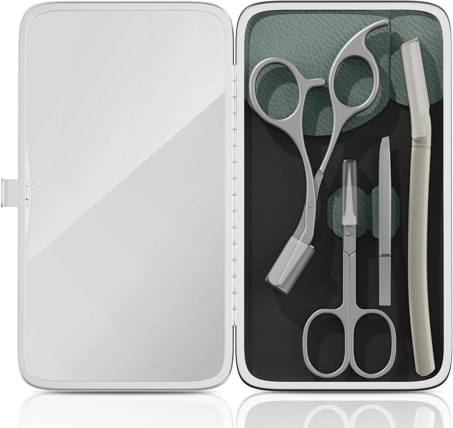 Glamne Eyebrow Trimmer Kit Scissors Tweezers Razor Facial Shaver Grooming Set with Mirror Travel Cases image number 2