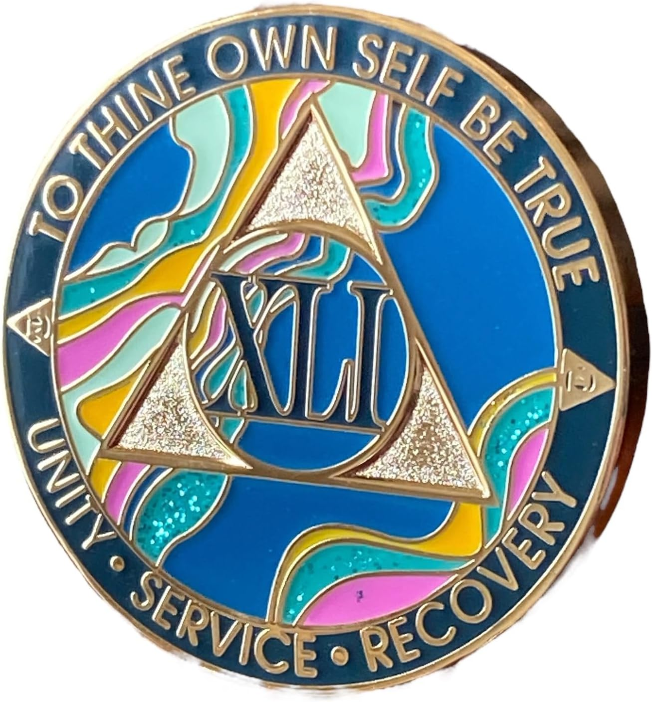 41 Year AA Medallion Marble Tahiti Teal Pink Gold Sobriety Chip, 33Mm, Metal