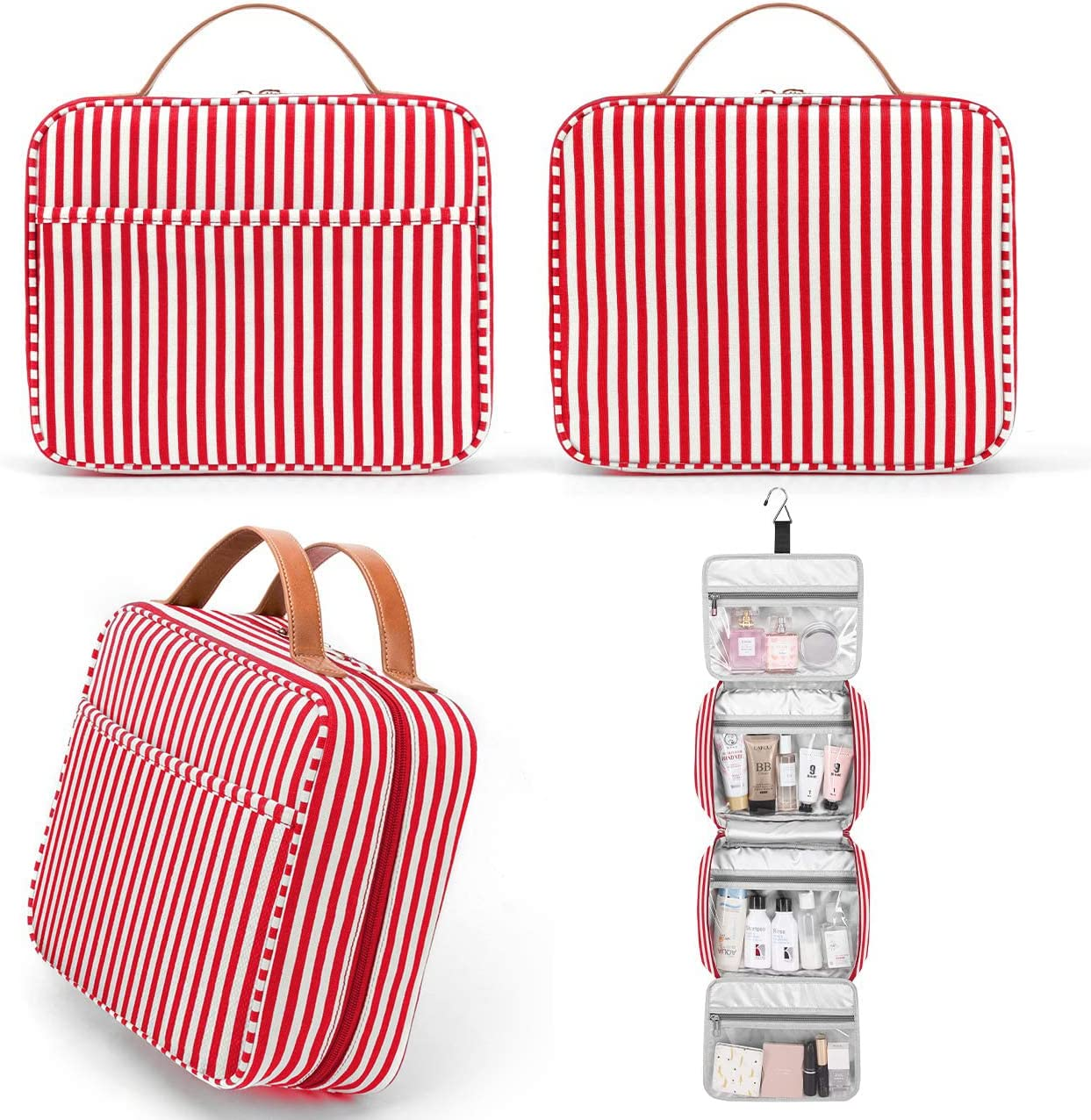 Hanging Travel Toiletry Bag, Large Capacity Cosmetic Waterproof Makeup Organiser for Women Wit 4 Compartments 1 Sturdy Hook Travel Accessories Kit for Bathroom Shower（Red）