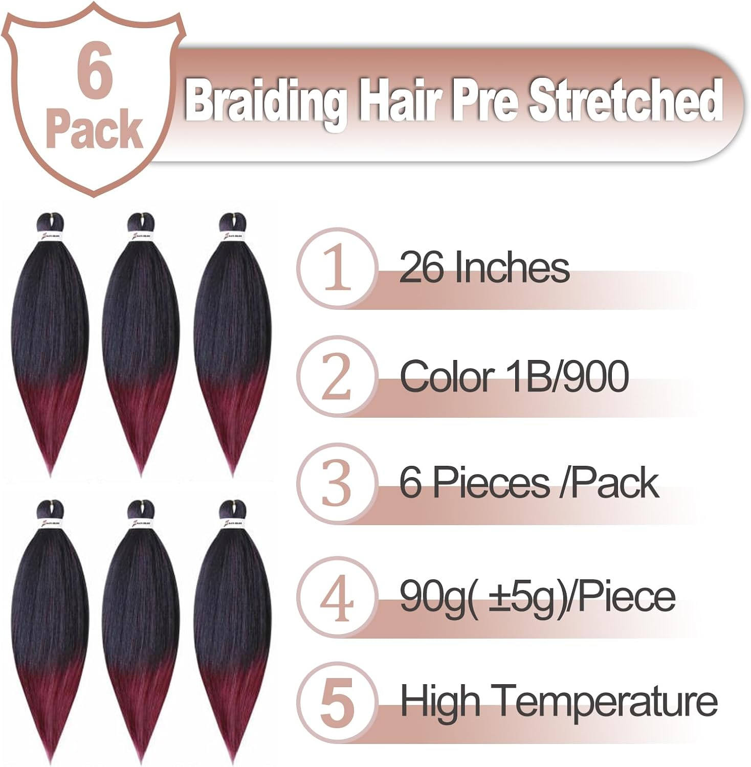 DT CHERYL Pre-Stretched Braiding Hair 26 Inch 6 Packs/Lot Easy Braid Professional Synthetic Fibre Hot Water Setting Professional Soft Yaki Texture Crochet Braids Extension T1B/900 image number 3