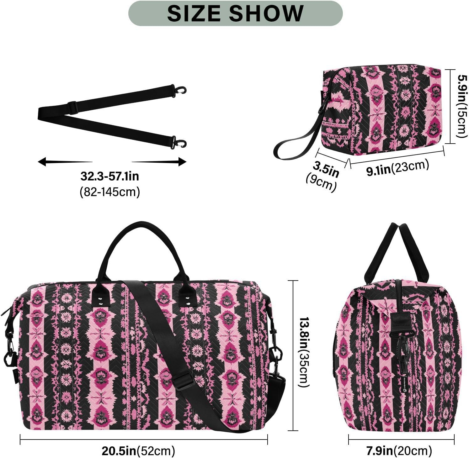 Duffel Bags Travel Weekender Gear Bag Gym Duffel Bag with Adjustable Strap for Trip Foldable, Vintage Boho Style Pattern Black and Pink image number 3
