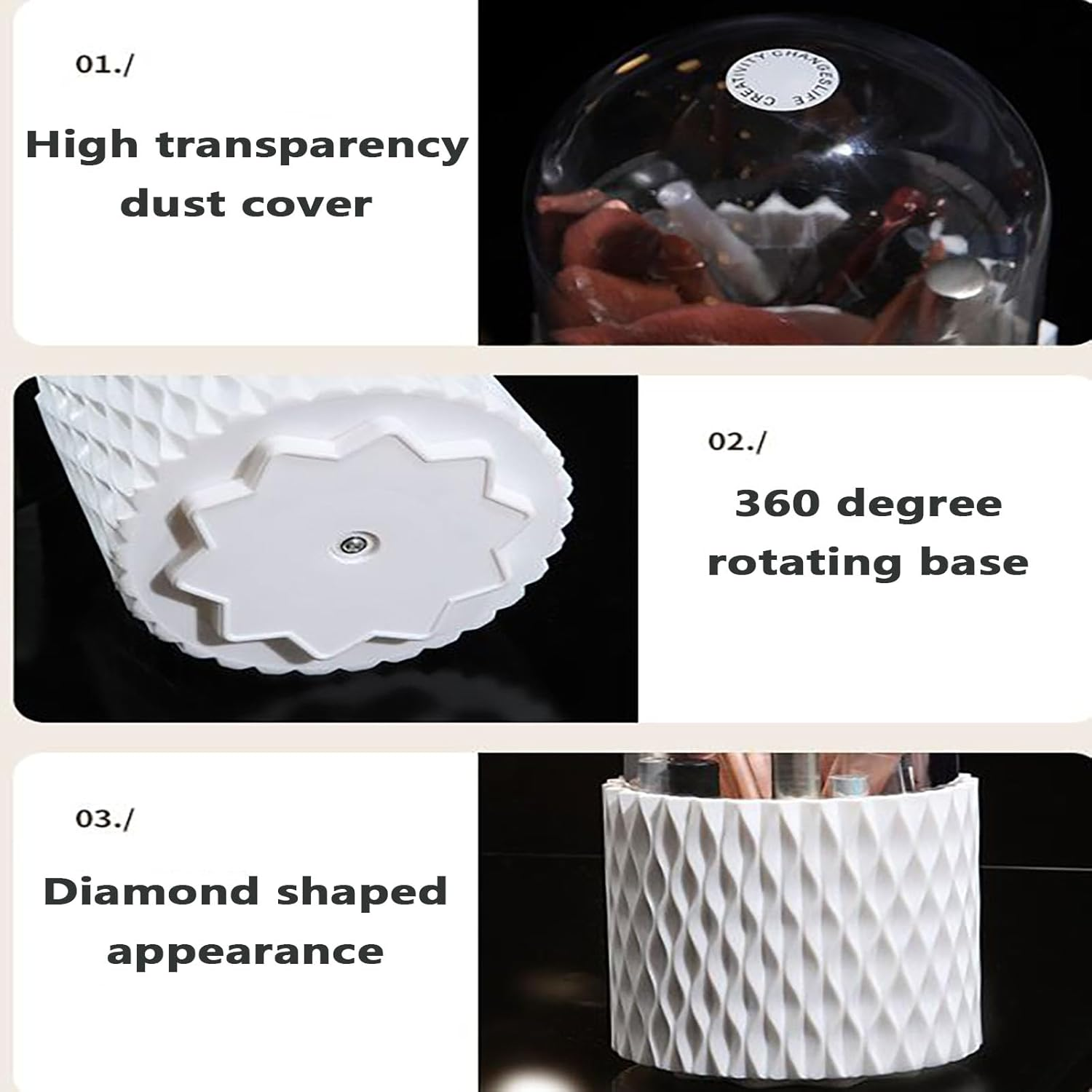 SYGELER 360 &deg; Rotating Makeup Brush Storage Rack - Large Capacity 5-Slot with Dust Cover, Suitable for Dressing Table/Bathroom/Countertop, White Stylish Design image number 6