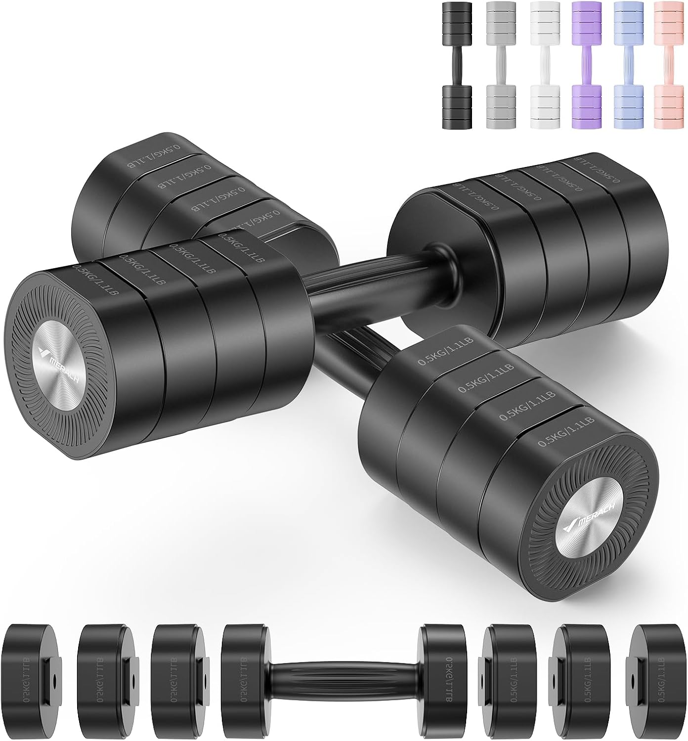 MERACH Adjustable Dumbbell Set Weights of 2, Soft-Touch Grip Anti-Slip Handle Dumbbells, Macaron Colors Exercise&Fitness Dumbbells,Each 1/2/3/4 Kg, 4 in 1 Hand Weights Dumbbells Set for Women