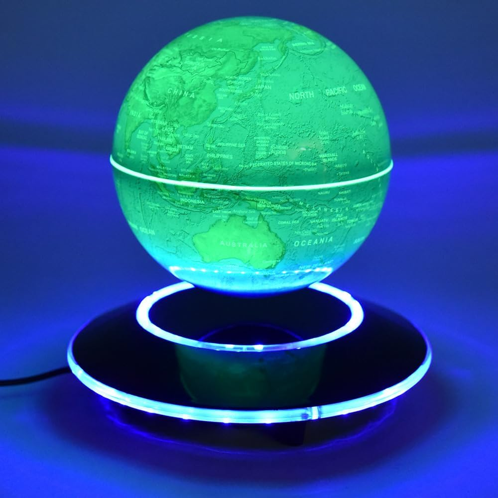 K&ouml;gler 75605 Floating Globe with LED Lighting, Approx. 14 Cm Large Magnetic Globe with Colour Changing USB Cable as World Map and Night Light
